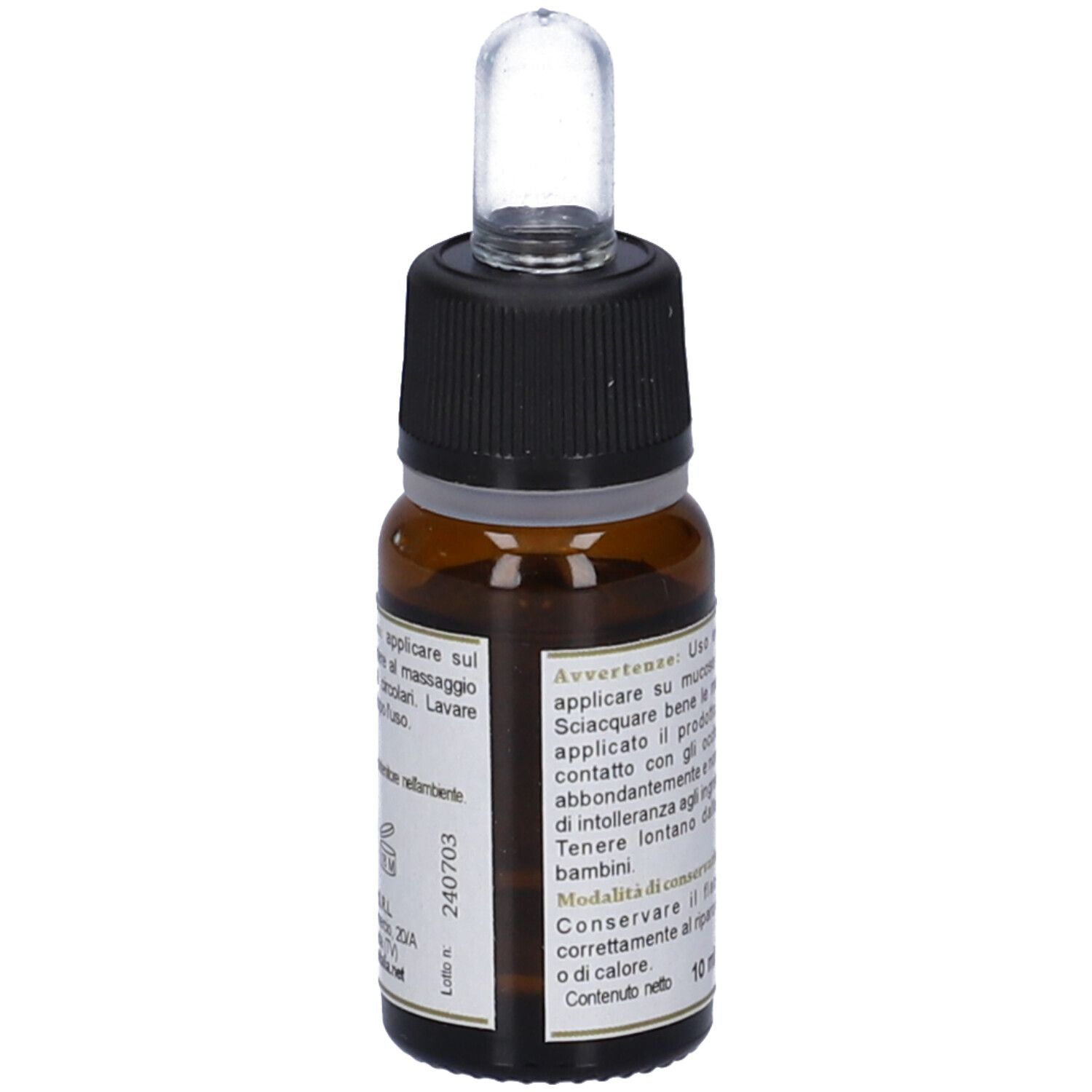 Flacone di vetro marrone con tappo nero e pipetta. Scritta: SOTIVA, Olio da Massaggio. Testo sull'etichetta.