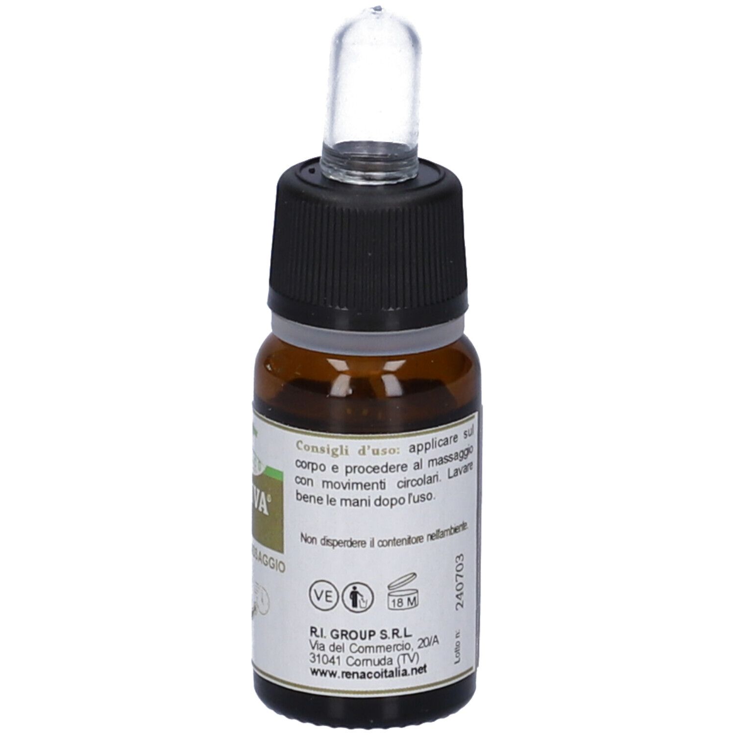 Flacone di vetro marrone con tappo nero e pipetta. Scritta: SOTIVA, Olio da Massaggio. Testo sull'etichetta.