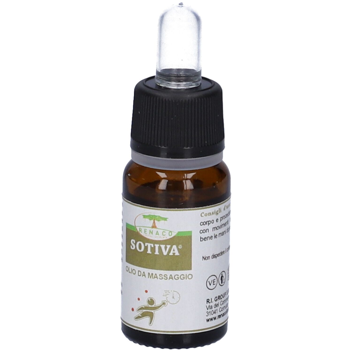 Flacone di vetro marrone con tappo nero e pipetta. Scritta: SOTIVA, Olio da Massaggio. Testo sull'etichetta.