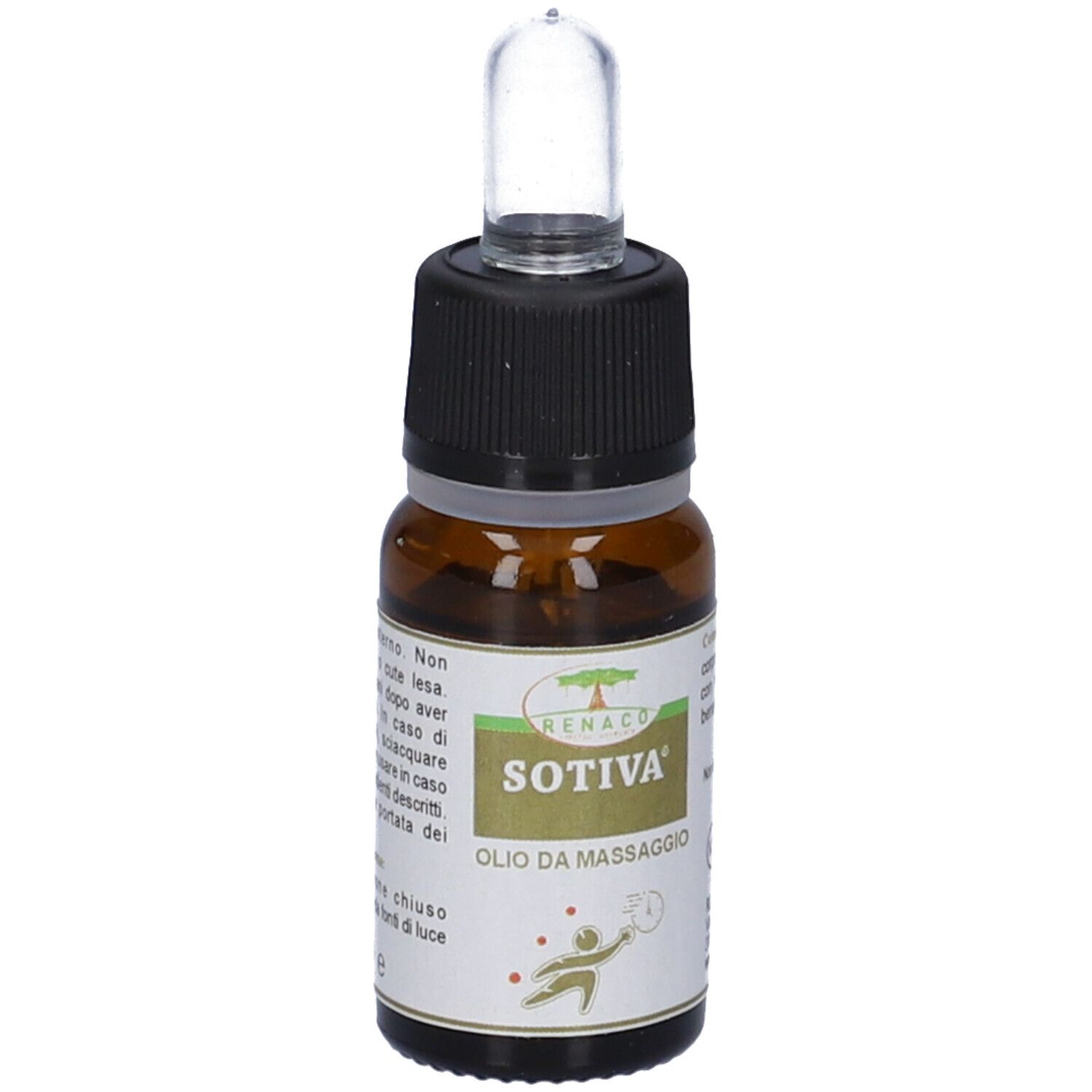 Flacone di vetro marrone con tappo nero e pipetta. Scritta: SOTIVA, Olio da Massaggio. Testo sull'etichetta.