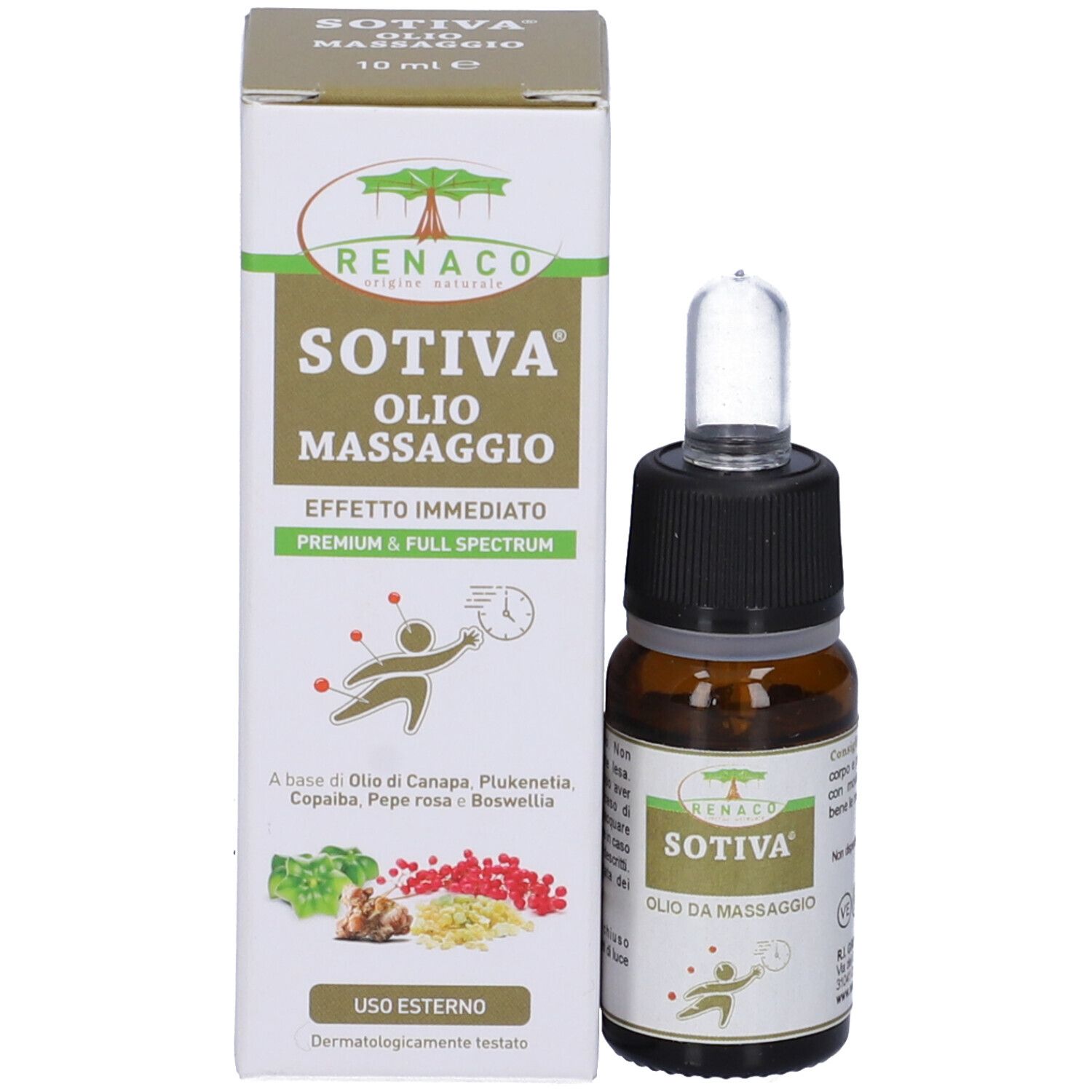 Confezione del prodotto e flacone. Scritta: SOTIVA Olio Massaggio, 10 ml. Flacone con pipetta.