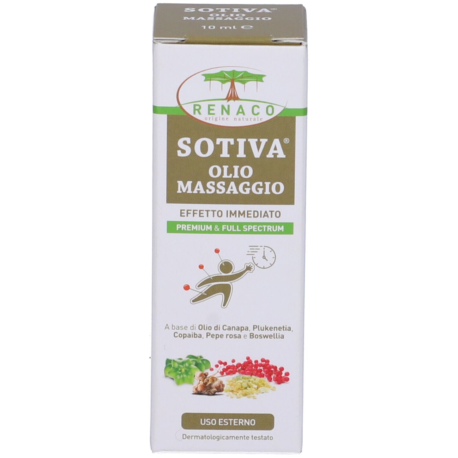 Confezione del prodotto. Scritta: SOTIVA Olio Massaggio, 10 ml. Ingredienti illustrati.