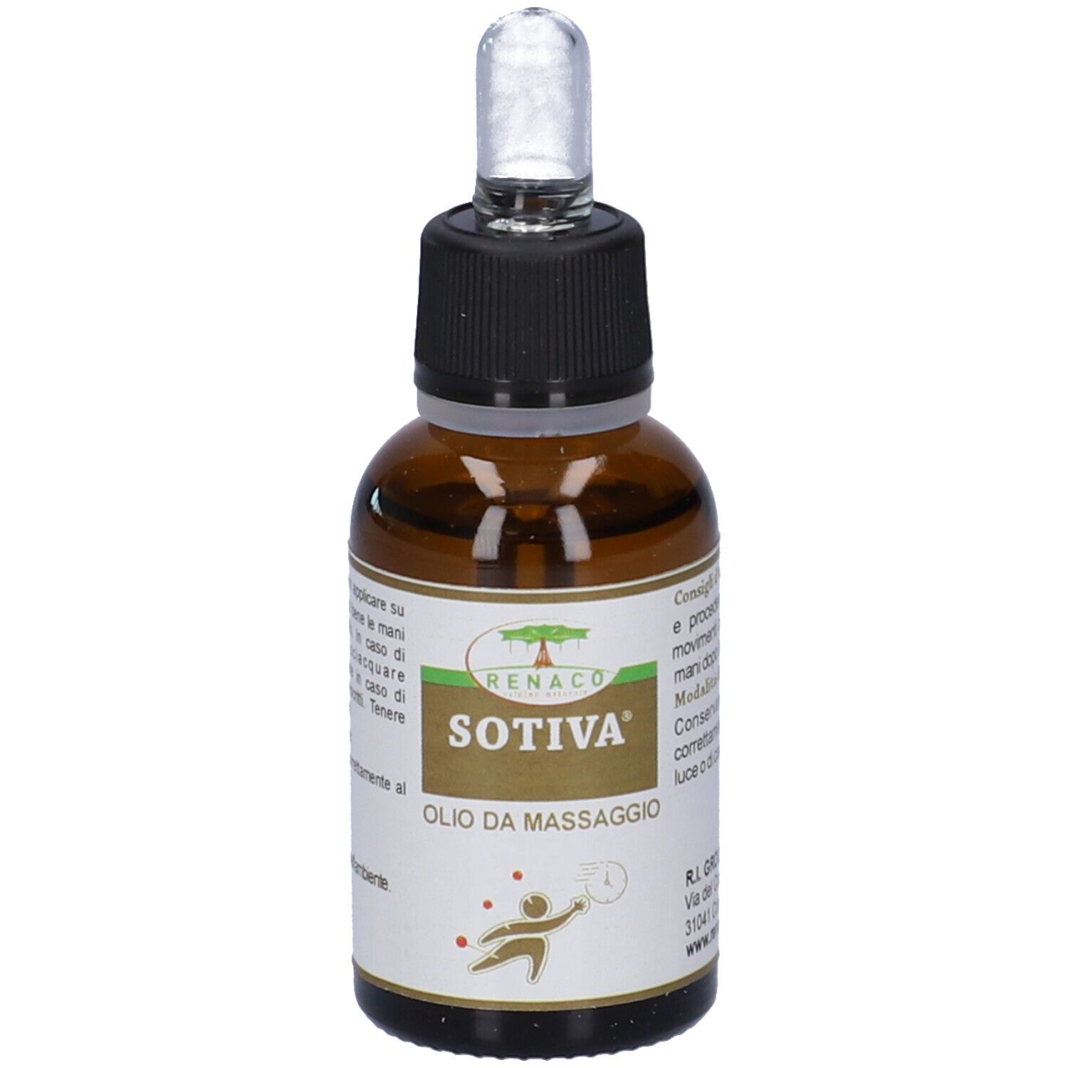 Flacone in vetro marrone con pipetta. Scritta: Sotiva Olio da Massaggio. Tappo nero.