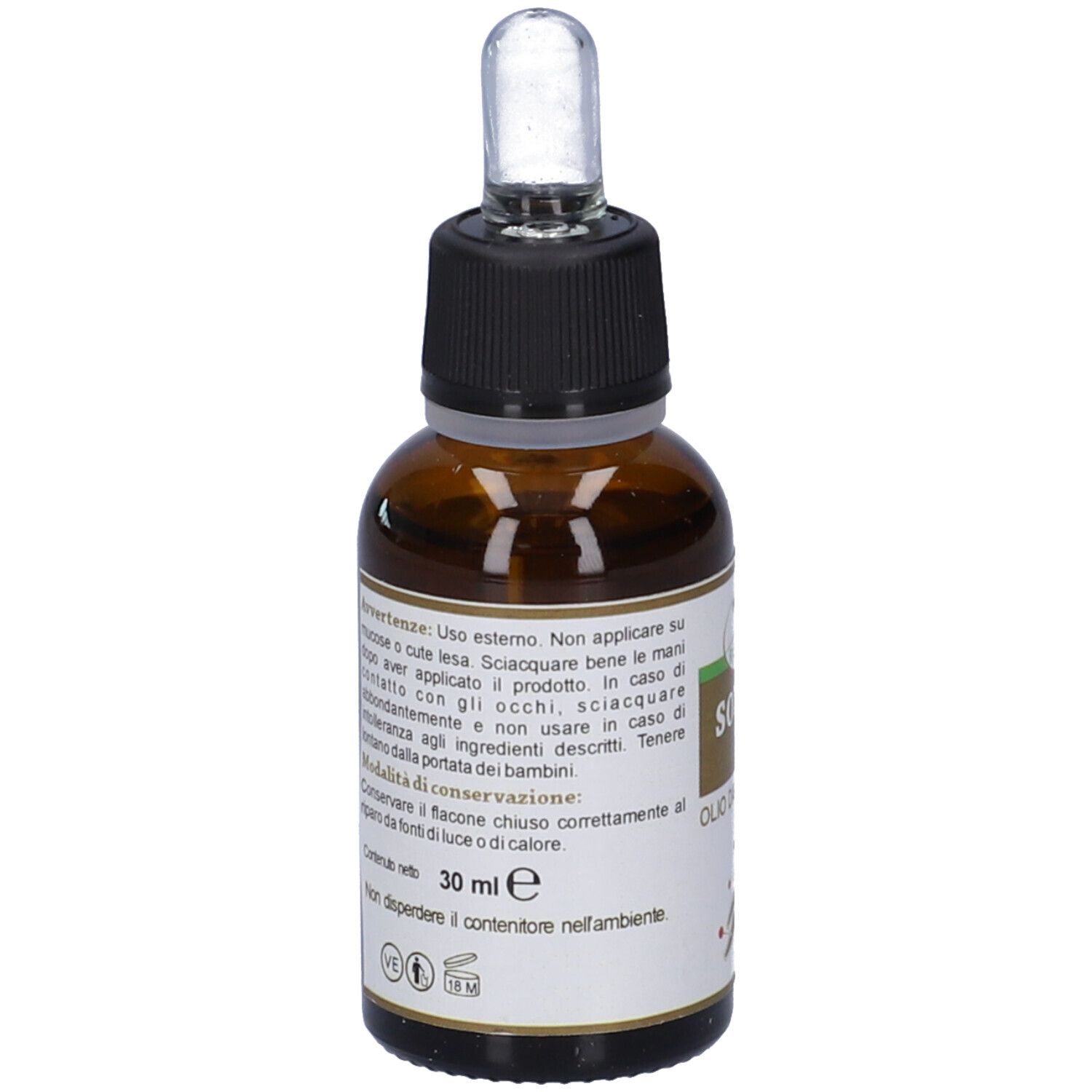 Flacone in vetro marrone con pipetta. Retro con testo. Scritta: 30 ml e.