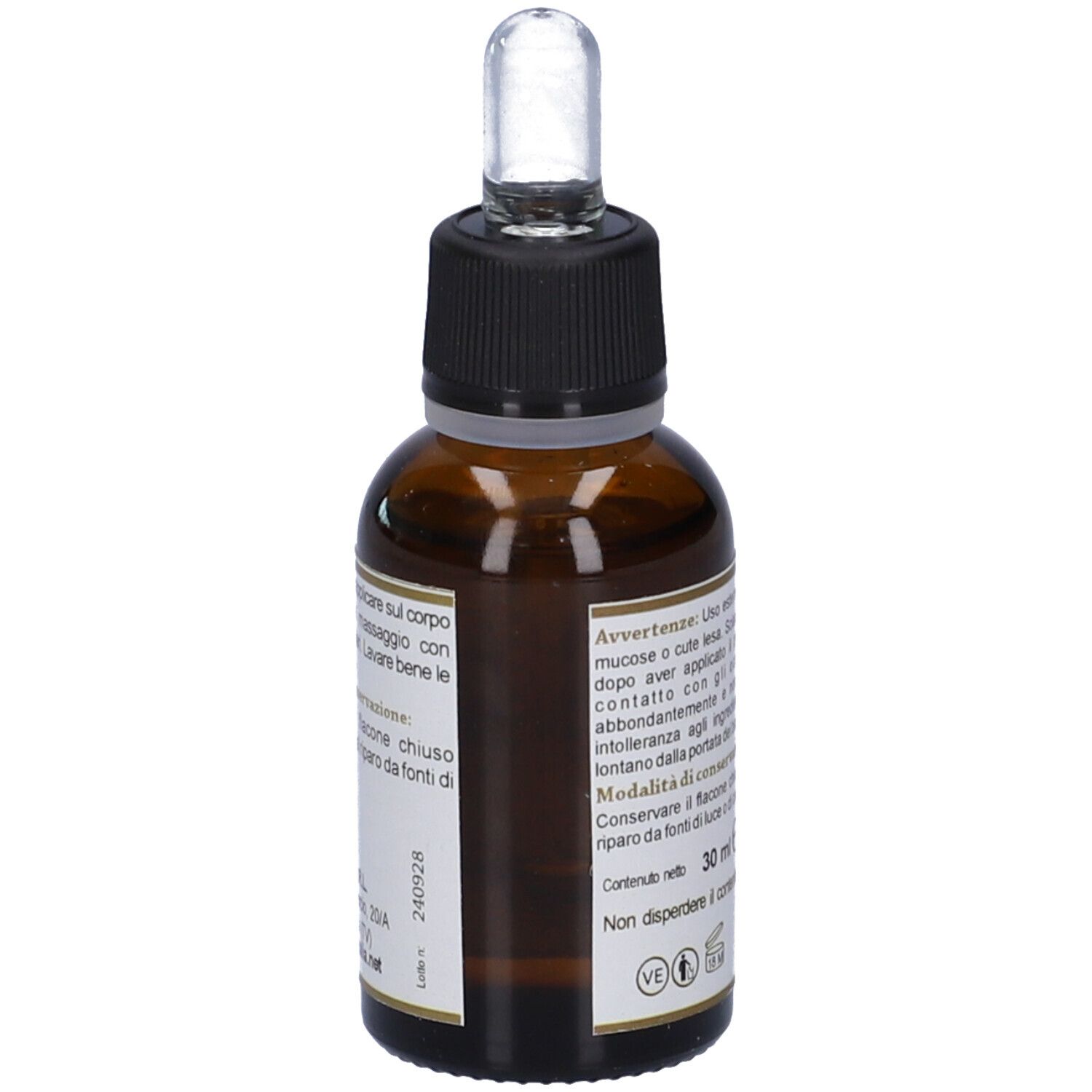 Flacone in vetro marrone con pipetta. Retro con testo. Scritta: 30 ml e.