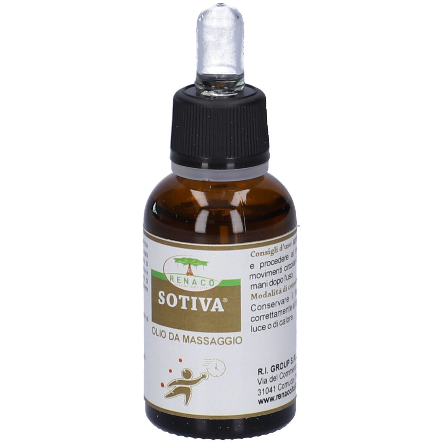 Flacone in vetro marrone con pipetta. Scritta: Sotiva Olio da Massaggio. Logo e testo.