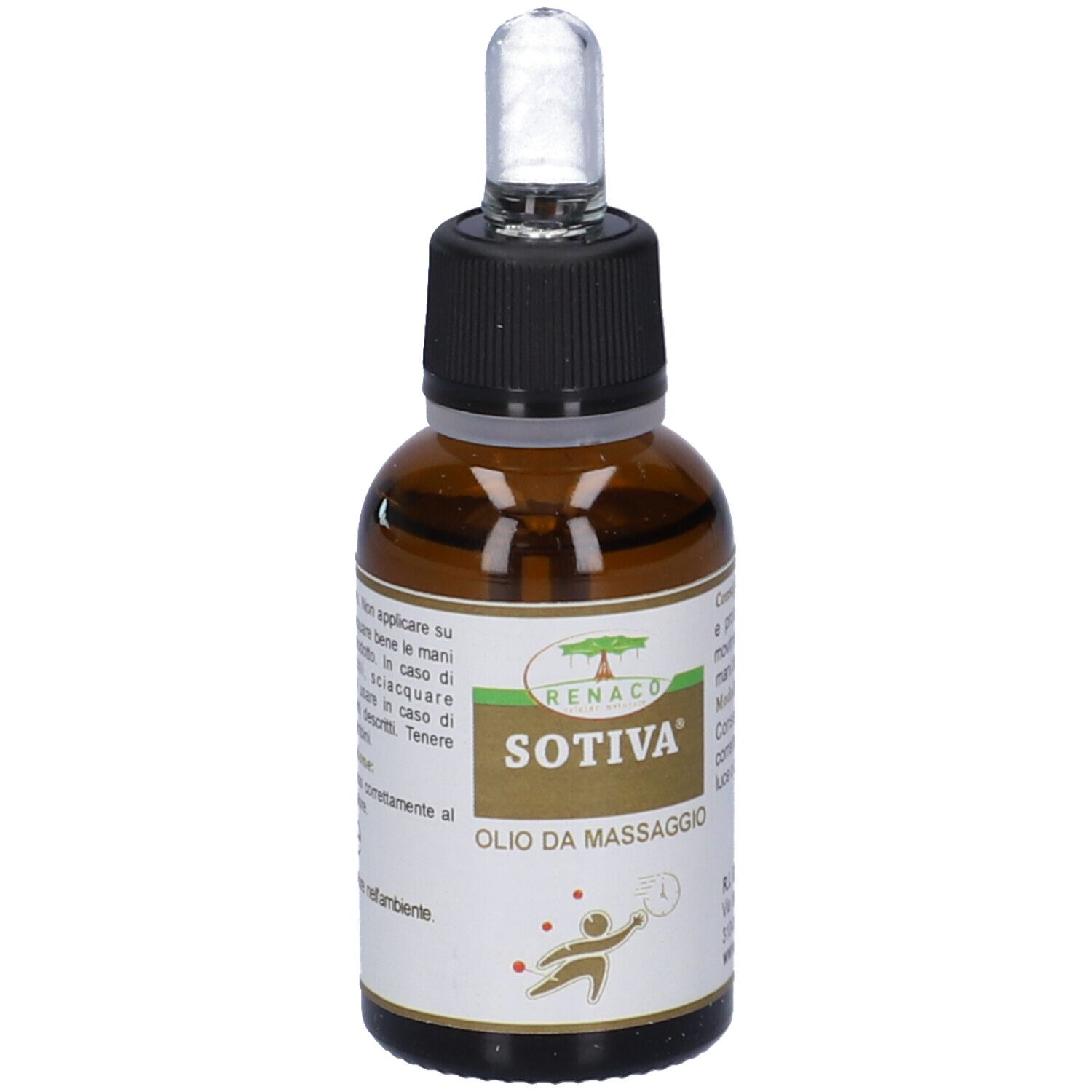 Flacone in vetro marrone con pipetta. Scritta: Sotiva Olio da Massaggio. Logo e testo.