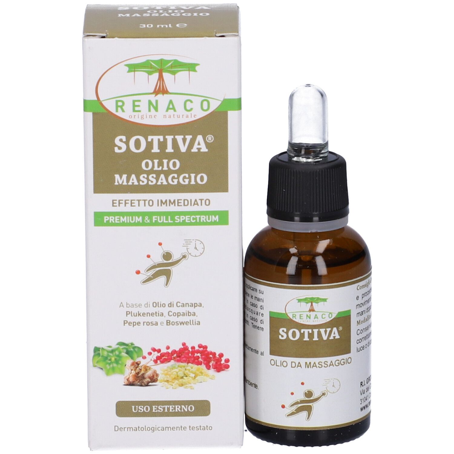 Sotiva Olio Massaggio. Flacone e confezione. Flacone marrone con pipetta. Confezione con logo.