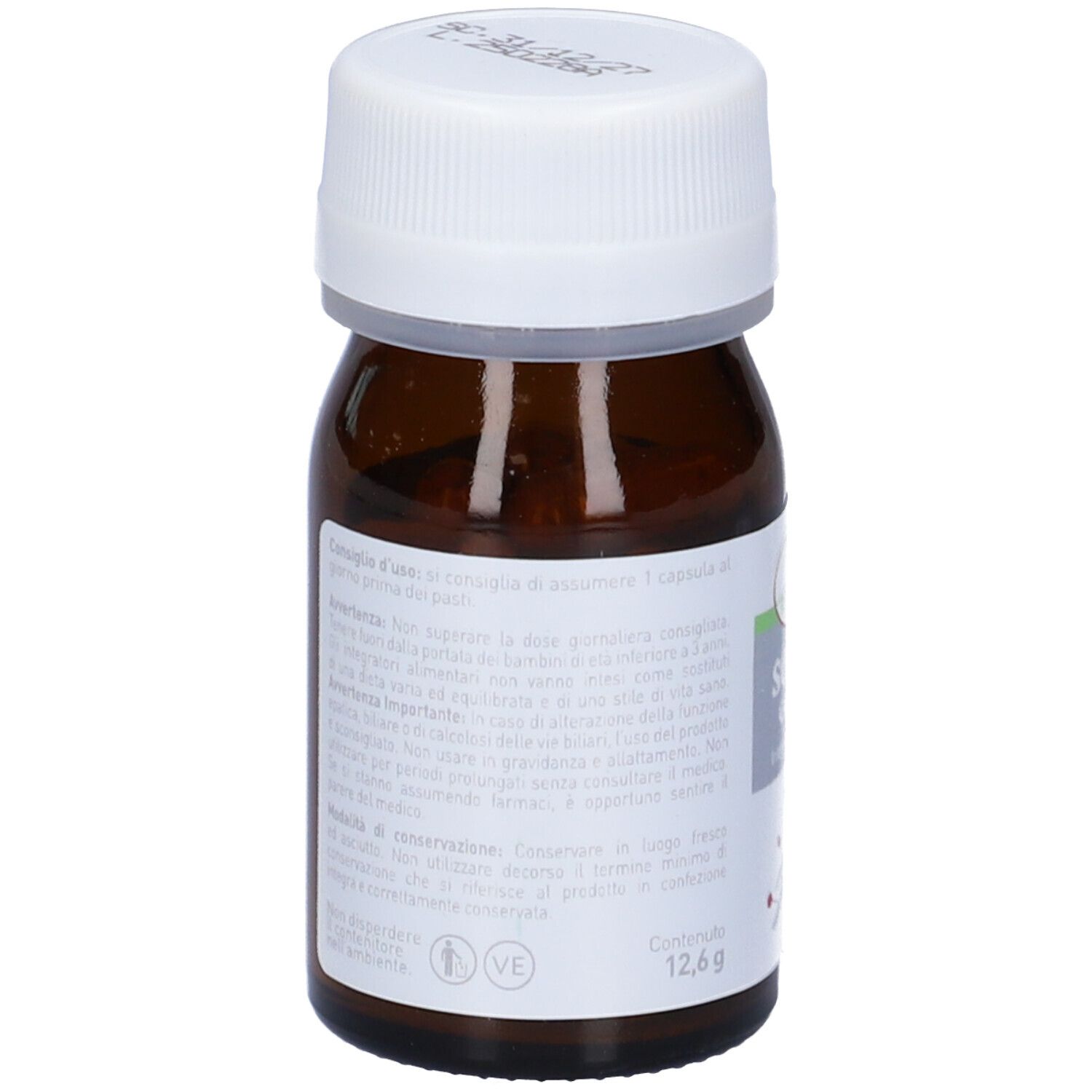 Flacone di vetro marrone con tappo bianco. Etichetta con informazioni sul prodotto. Contiene capsule.