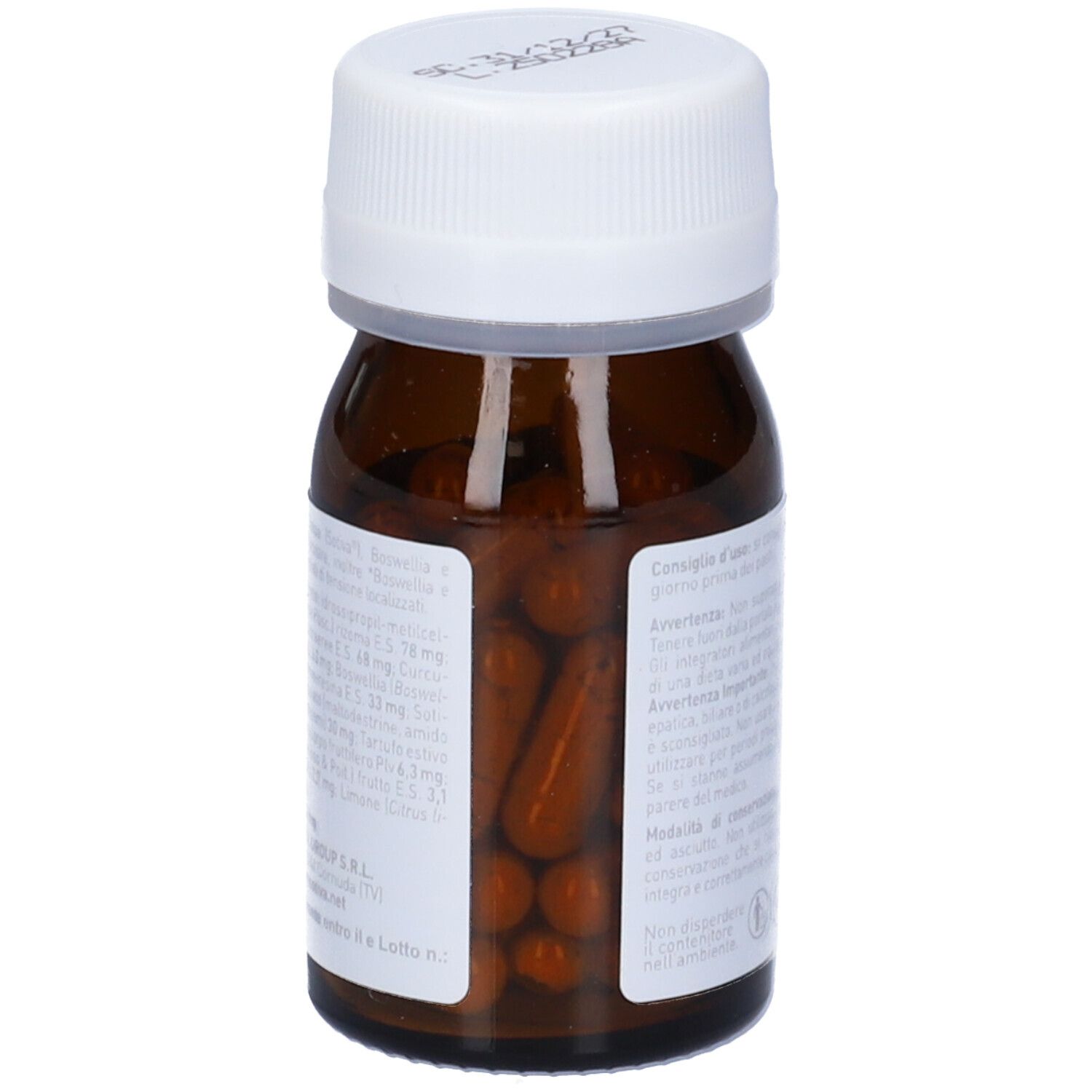 Flacone di vetro marrone con tappo bianco. Contiene capsule marroni. Etichetta con informazioni.