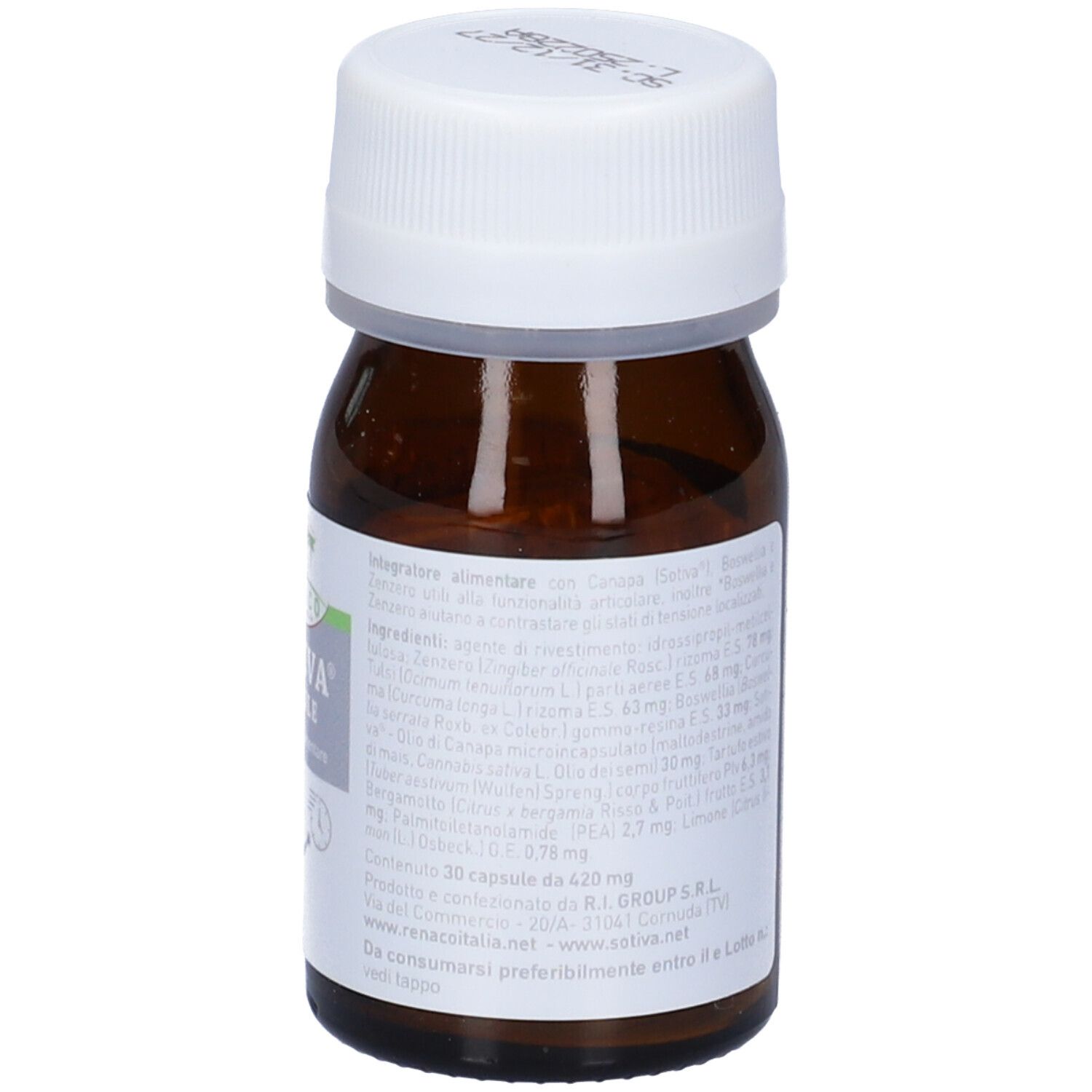 Flacone di vetro marrone con tappo bianco. Etichetta con ingredienti e informazioni sul prodotto.