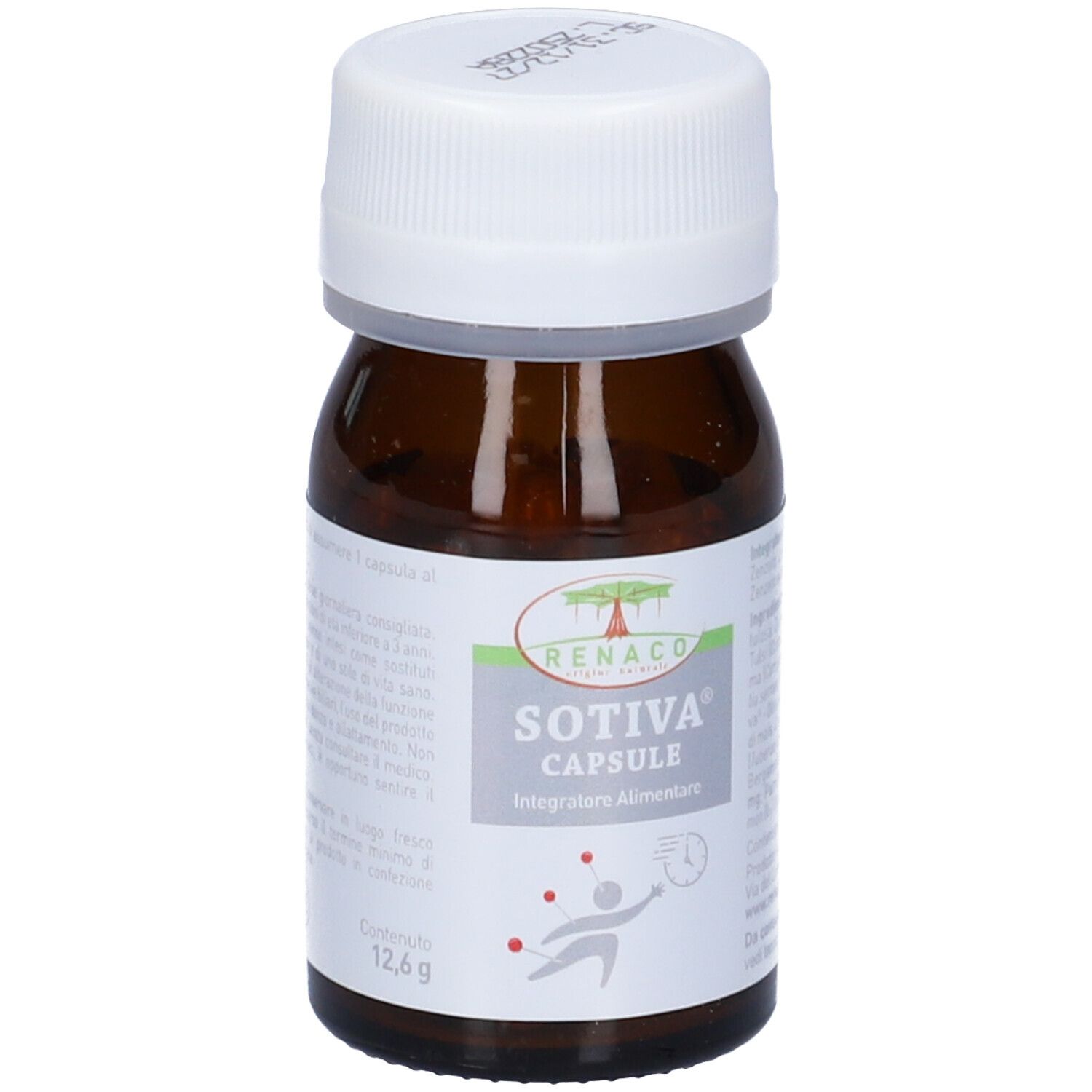 Flacone di vetro marrone con tappo bianco. Etichetta con nome del prodotto e logo. Contiene capsule.