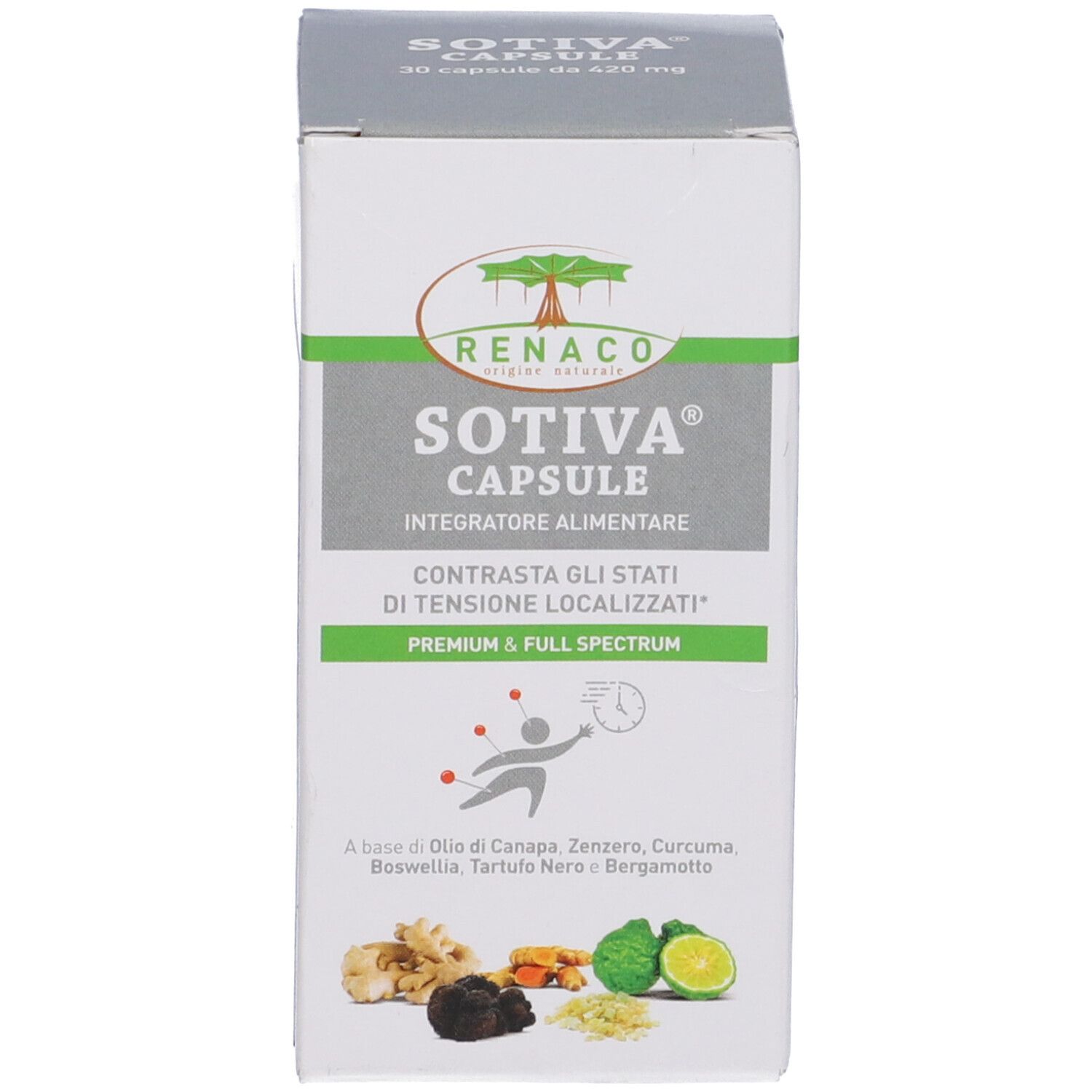 Scatola bianca con nome e logo del prodotto. Contiene informazioni e illustrazioni degli ingredienti.