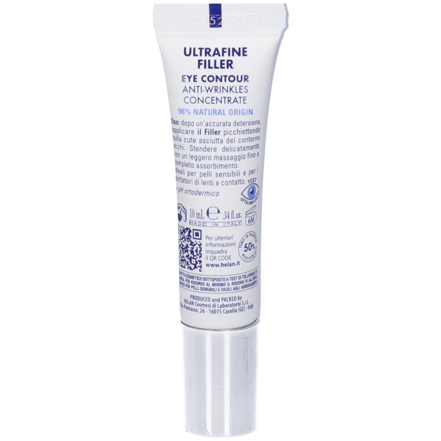 Retro del tubo crema. Scritta: Ultrafine Filler, Eye Contour Anti-Wrinkles Concentrate. Codice QR.