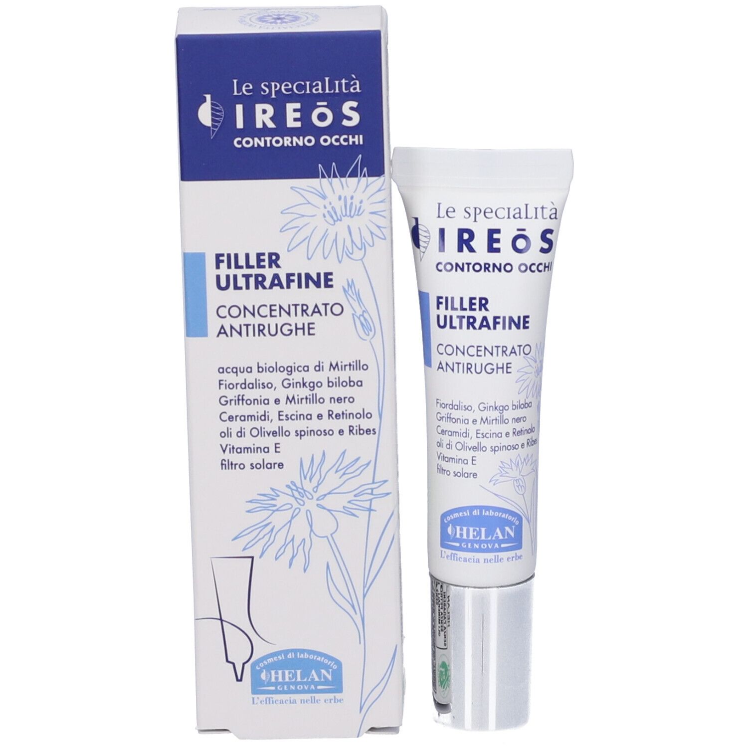 Confezione e tubo. Scritta: IREOS, Filler Ultrafine, Concentrato Antirughe. Marchio: HELAN.