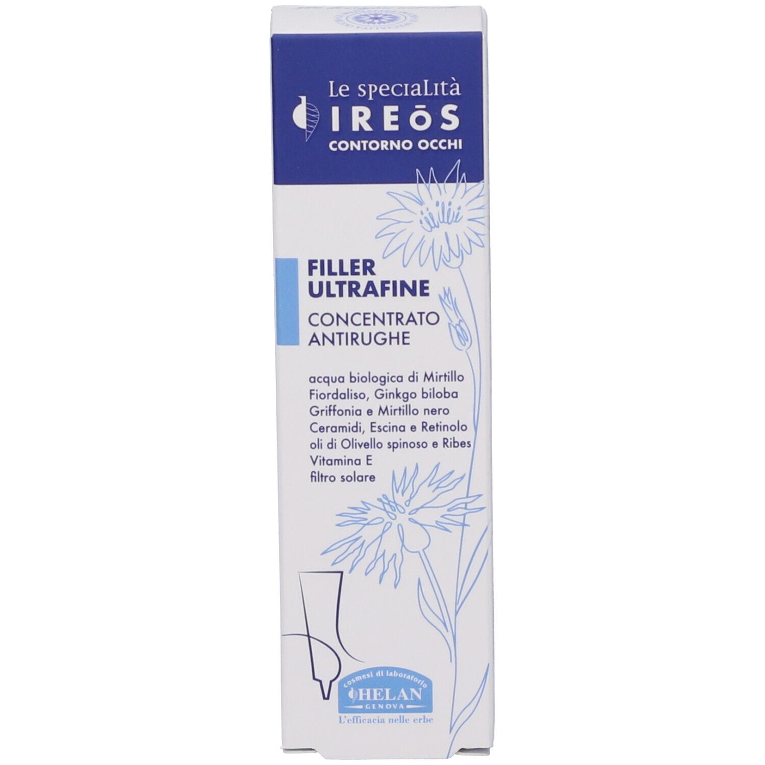 Confezione del prodotto. Scritta: IREOS, Filler Ultrafine, Concentrato Antirughe. Marchio: HELAN.