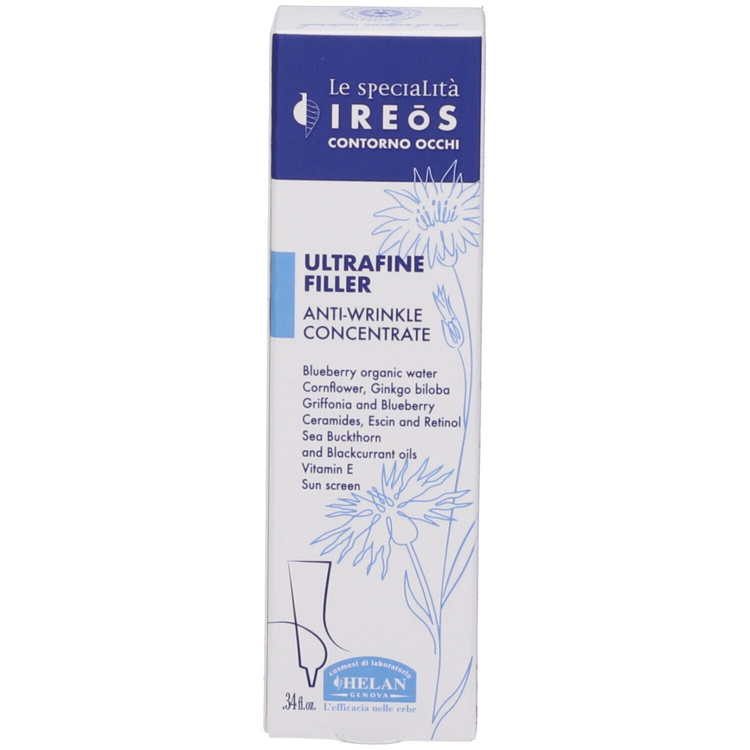 Confezione del prodotto. Scritta: IREOS, Ultrafine Filler, Anti-Wrinkle Concentrate. Marchio: HELAN.