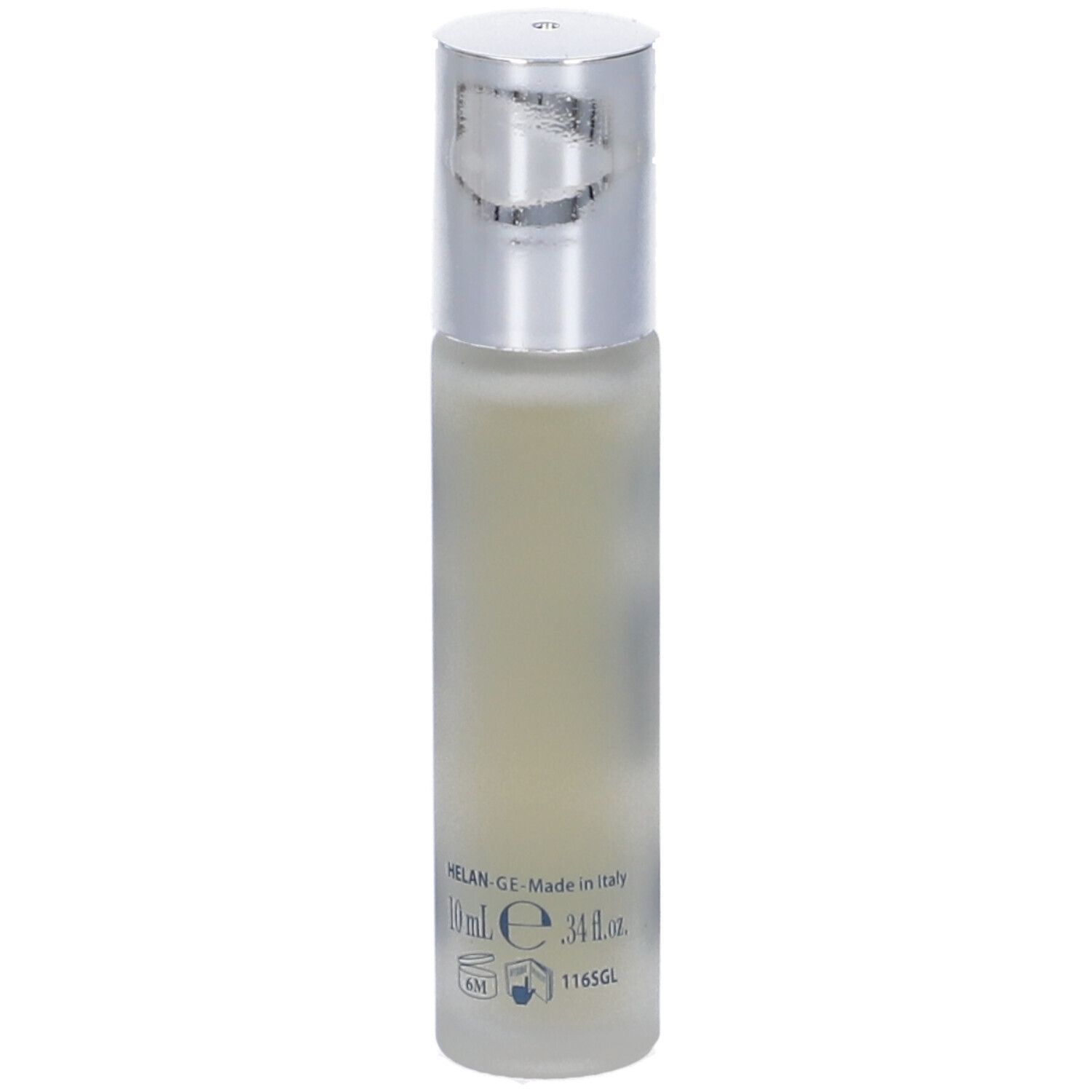 Flacone trasparente con tappo argentato. Scritta: Helan GE-Made in Italy. Indicazione volume: 30 ml e. Simboli di durata e riciclo.
