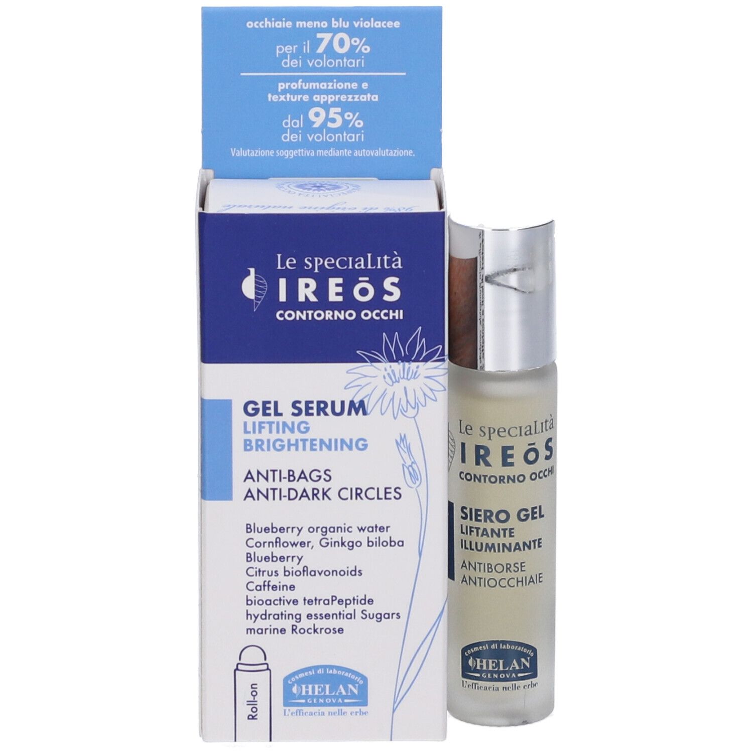 Confezione del prodotto con flacone. Scritta: IREOS Contorno Occhi, Gel Serum Lifting Brightening, Anti-Bags Anti-Dark Circles. Marchio: Helan.