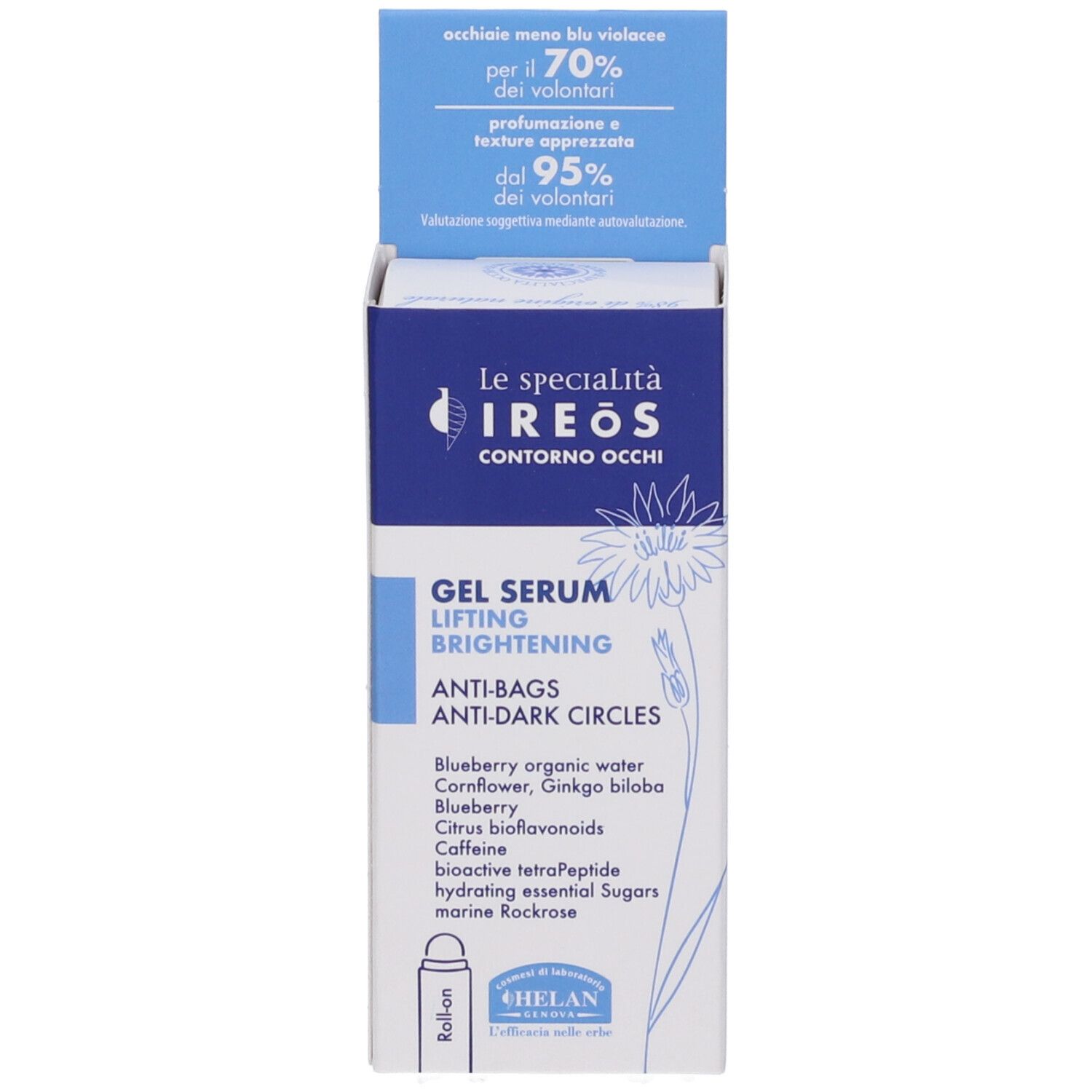 Confezione del prodotto con flacone. Scritta: IREOS Contorno Occhi, Gel Serum Lifting Brightening, Anti-Bags Anti-Dark Circles. Marchio: Helan.