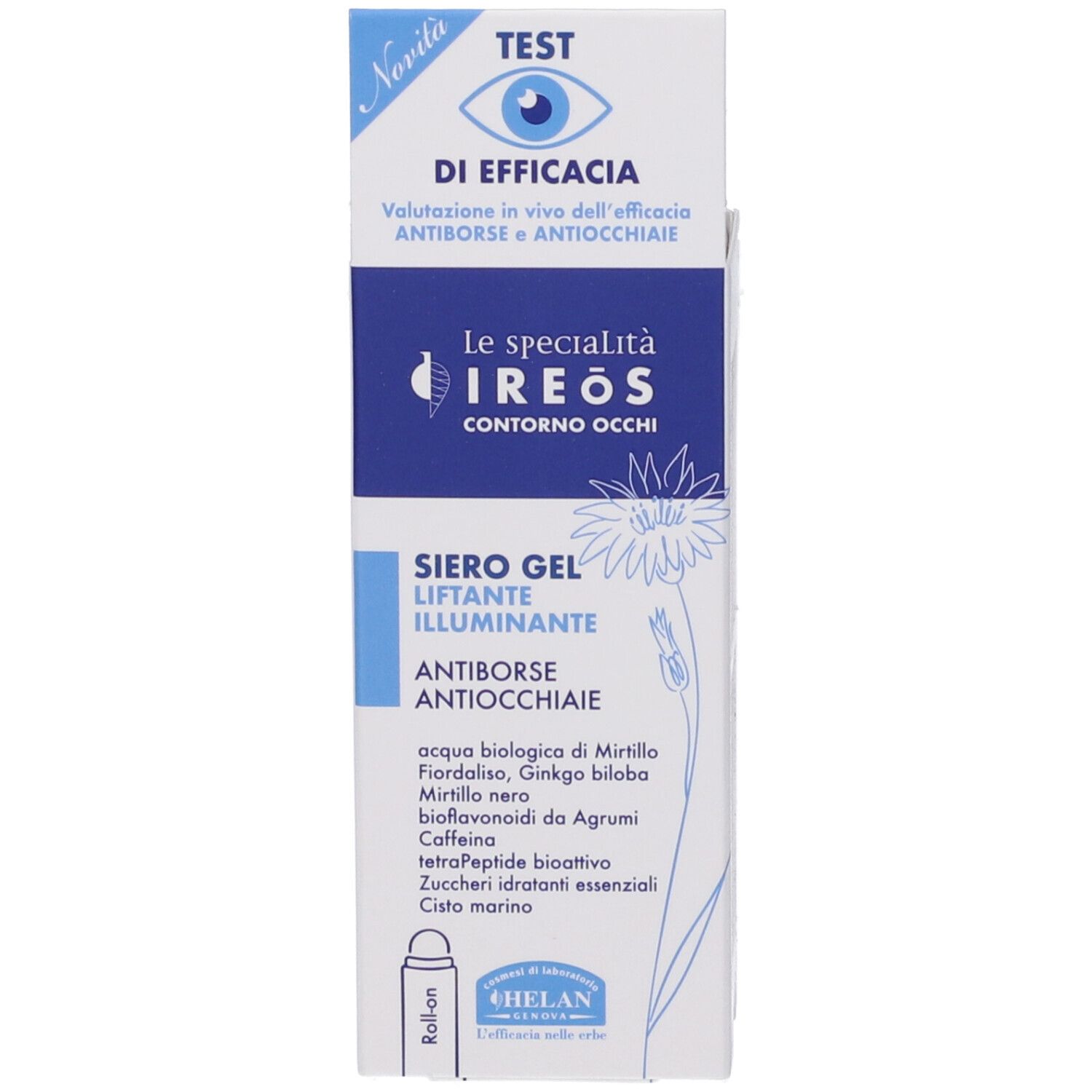 Confezione del prodotto con flacone. Scritta: IREOS Contorno Occhi, Siero Gel Liftante Illuminante Antiborse Antiocchiaie. Marchio: Helan.