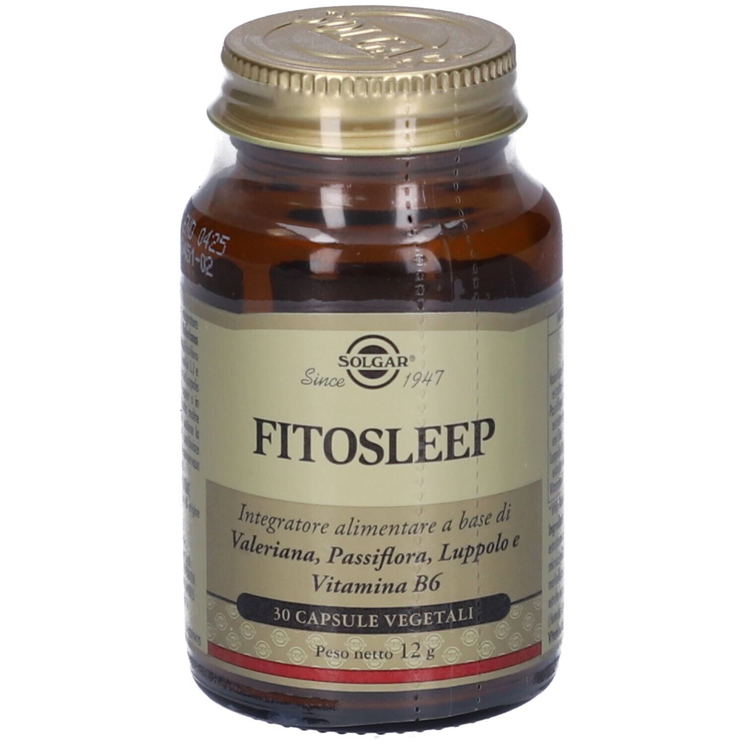 Flacone di vetro marrone con tappo dorato. Etichetta con nome prodotto FITOSLEEP e logo SOLGAR. Peso netto 12g.