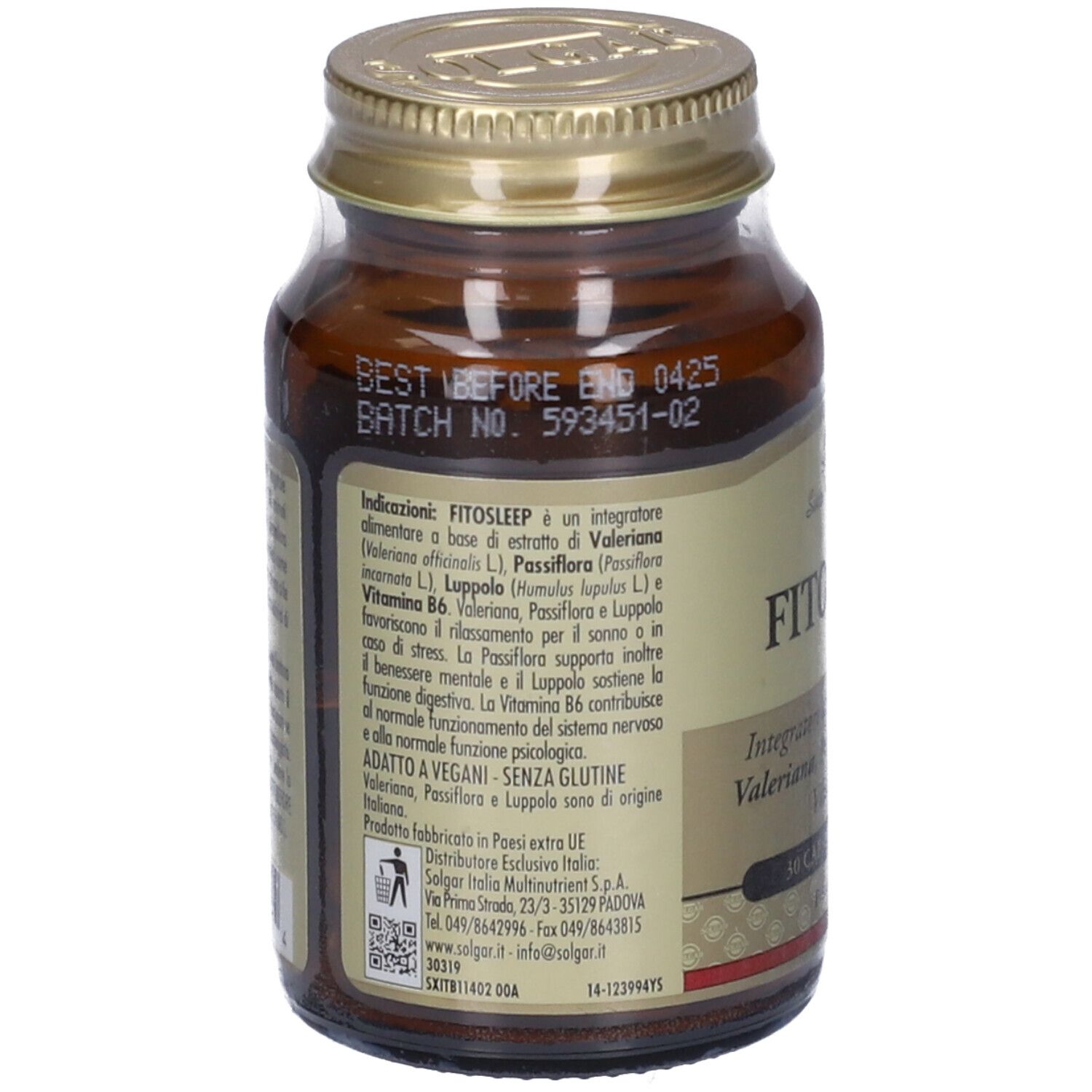 Retro del flacone di vetro marrone. Etichetta con informazioni sul prodotto, inclusi ingredienti e produttore. Testo in italiano.
