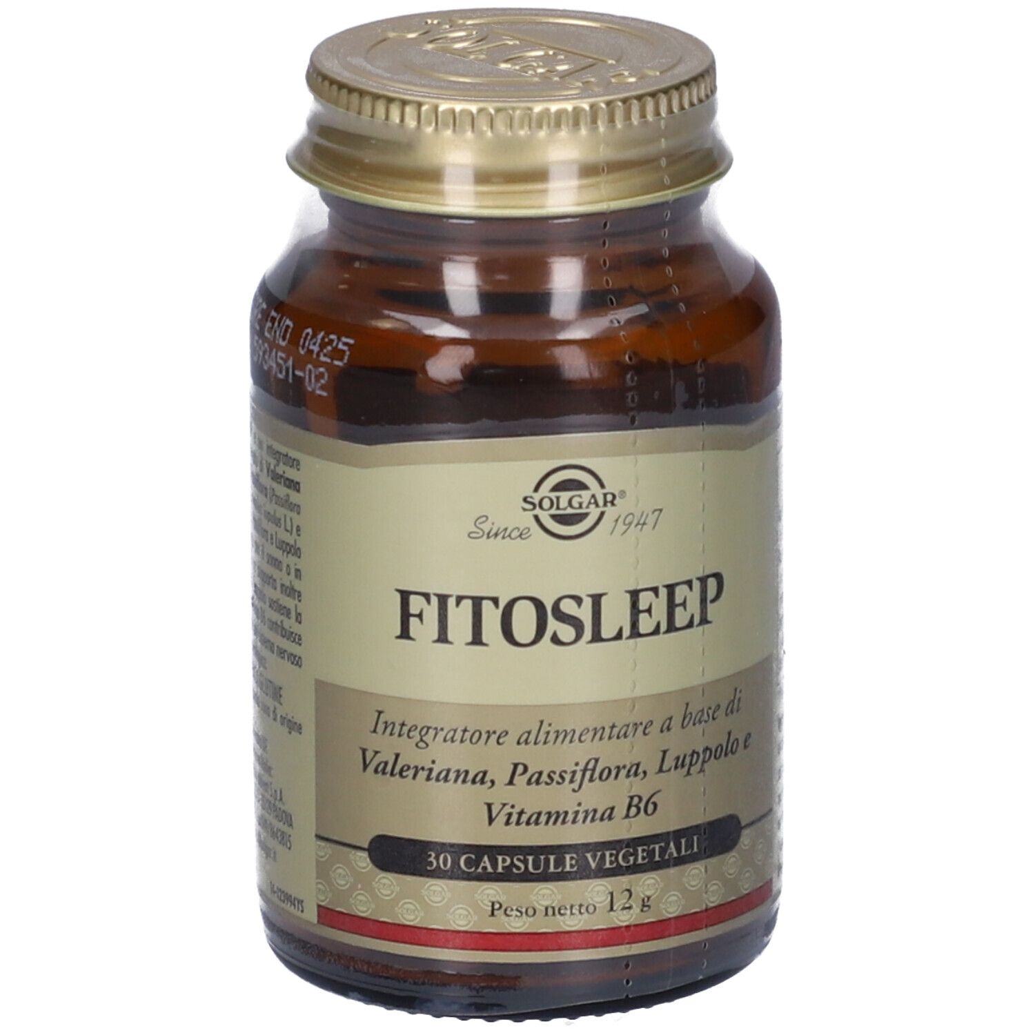 Flacone di vetro marrone con tappo dorato. Etichetta con nome prodotto FITOSLEEP e logo SOLGAR. Peso netto 12g.
