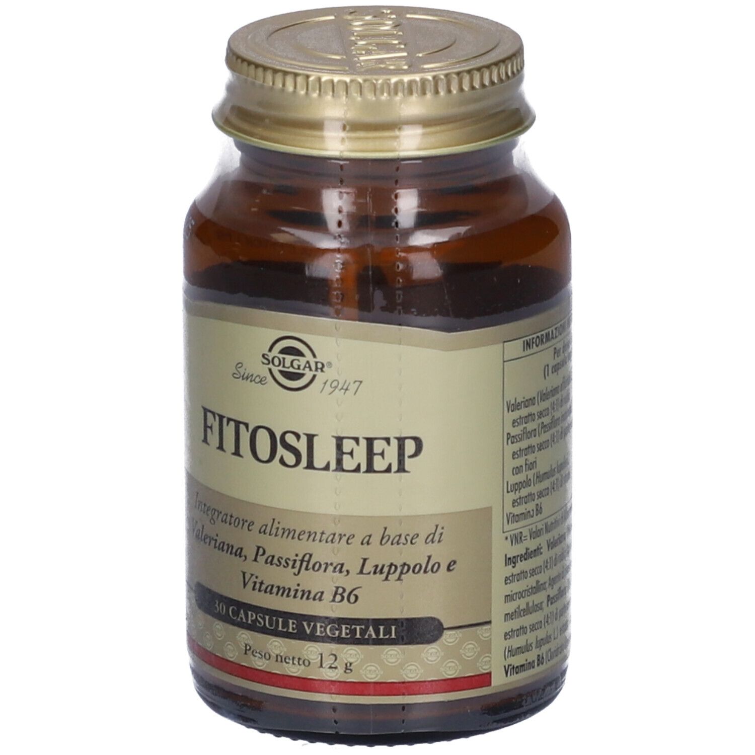 Flacone di vetro marrone con tappo dorato. Etichetta con nome prodotto FITOSLEEP e logo SOLGAR. Peso netto 12g.