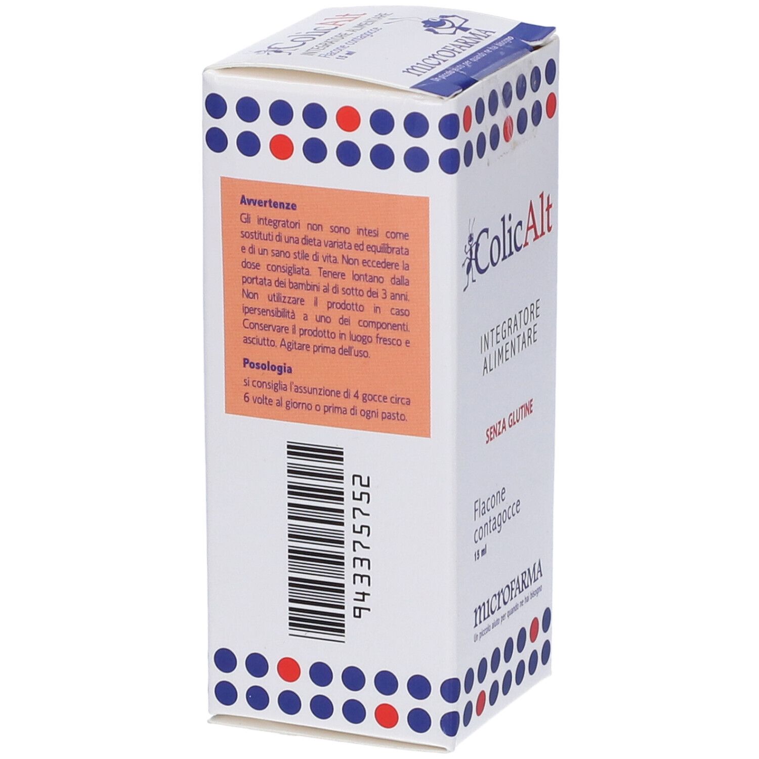 Scatola di Colicalt. Retro con testo. Scritto: Integratore Alimentare, senza glutine. Flacone contagocce 15 ml. Marchio: microfarma.