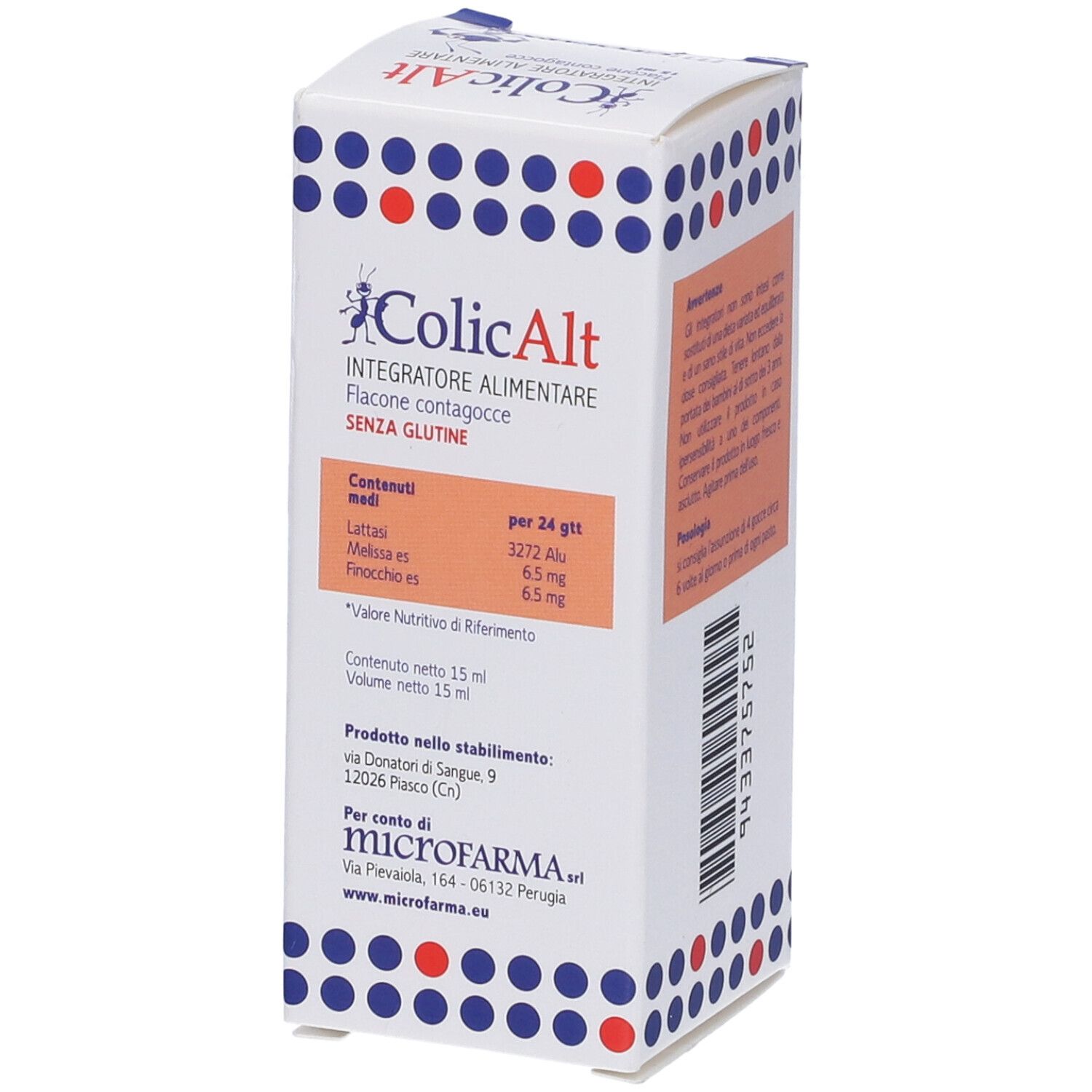 Scatola di Colicalt. Lato con informazioni nutrizionali. Scritto: Integratore Alimentare, senza glutine. Flacone contagocce 15 ml. Marchio: microfarma.