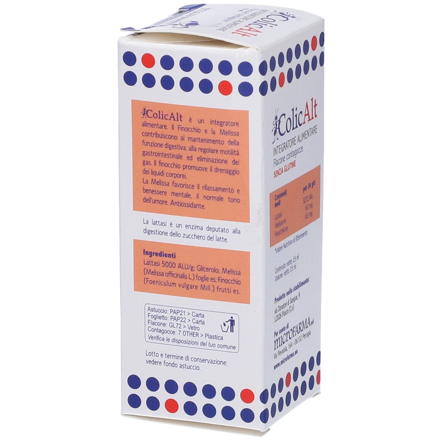 Scatola di Colicalt. Lato con ingredienti. Scritto: Integratore Alimentare, senza glutine. Flacone contagocce 15 ml. Marchio: microfarma.