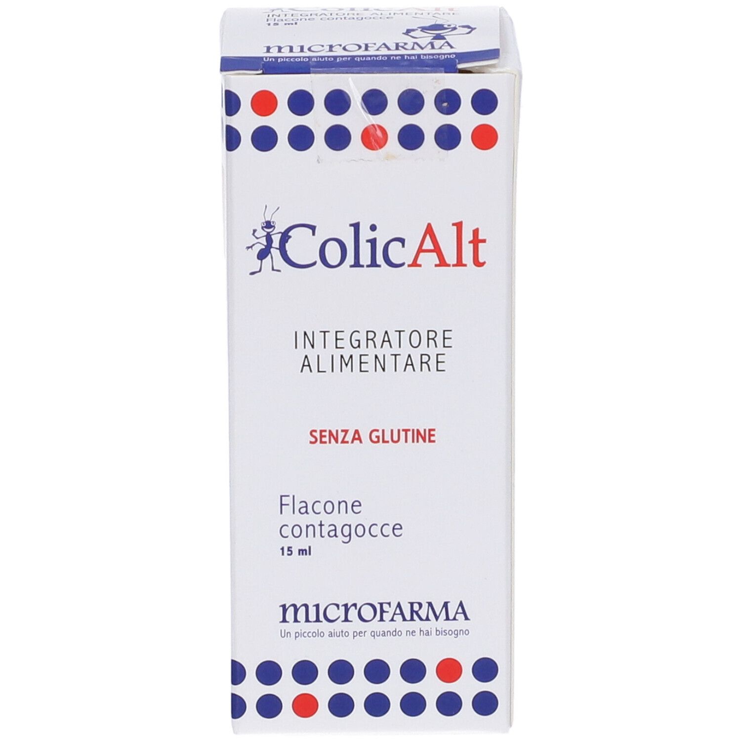 Scatola di Colicalt. Scritto: Integratore Alimentare, senza glutine. Flacone contagocce 15 ml. Marchio: microfarma.