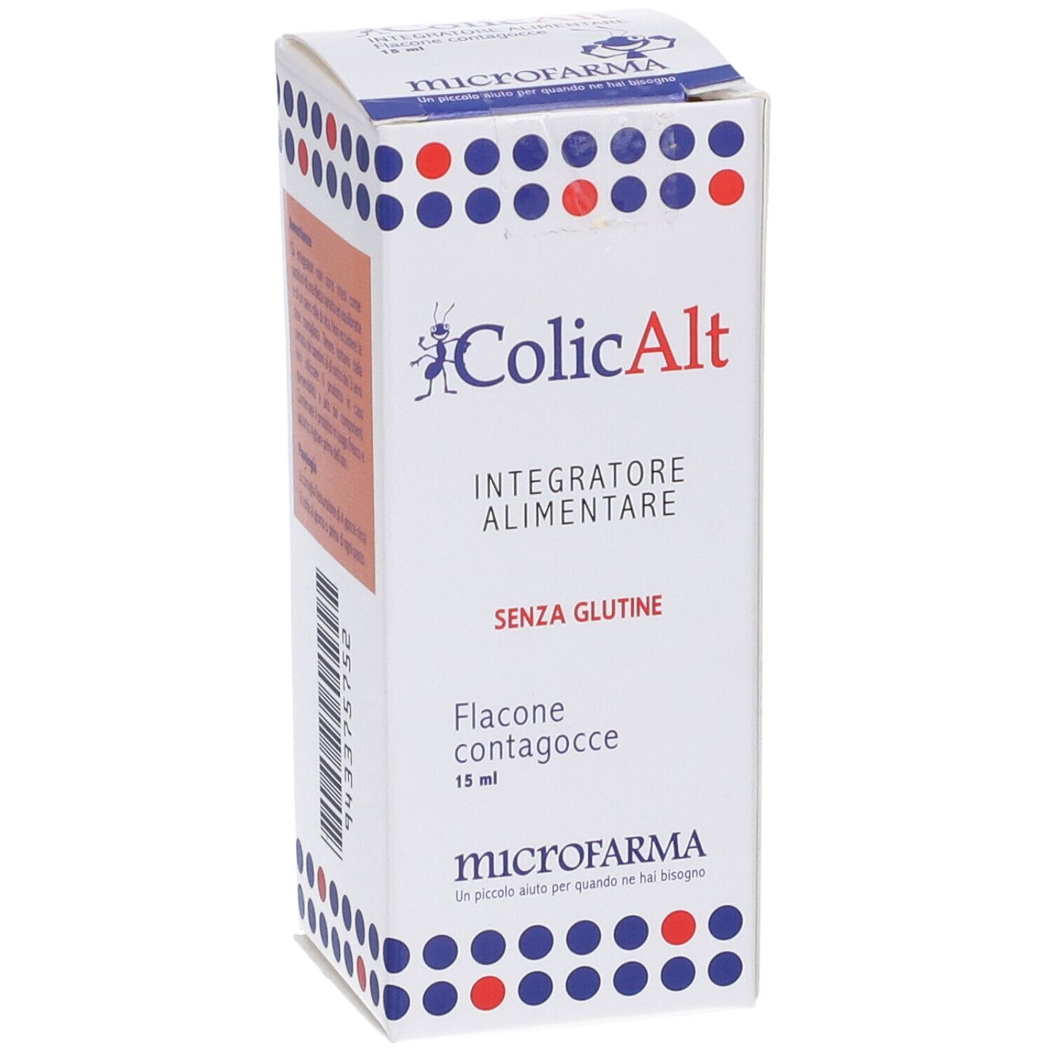 Scatola di Colicalt. Scritto: Integratore Alimentare, senza glutine. Flacone contagocce 15 ml. Marchio: microfarma.