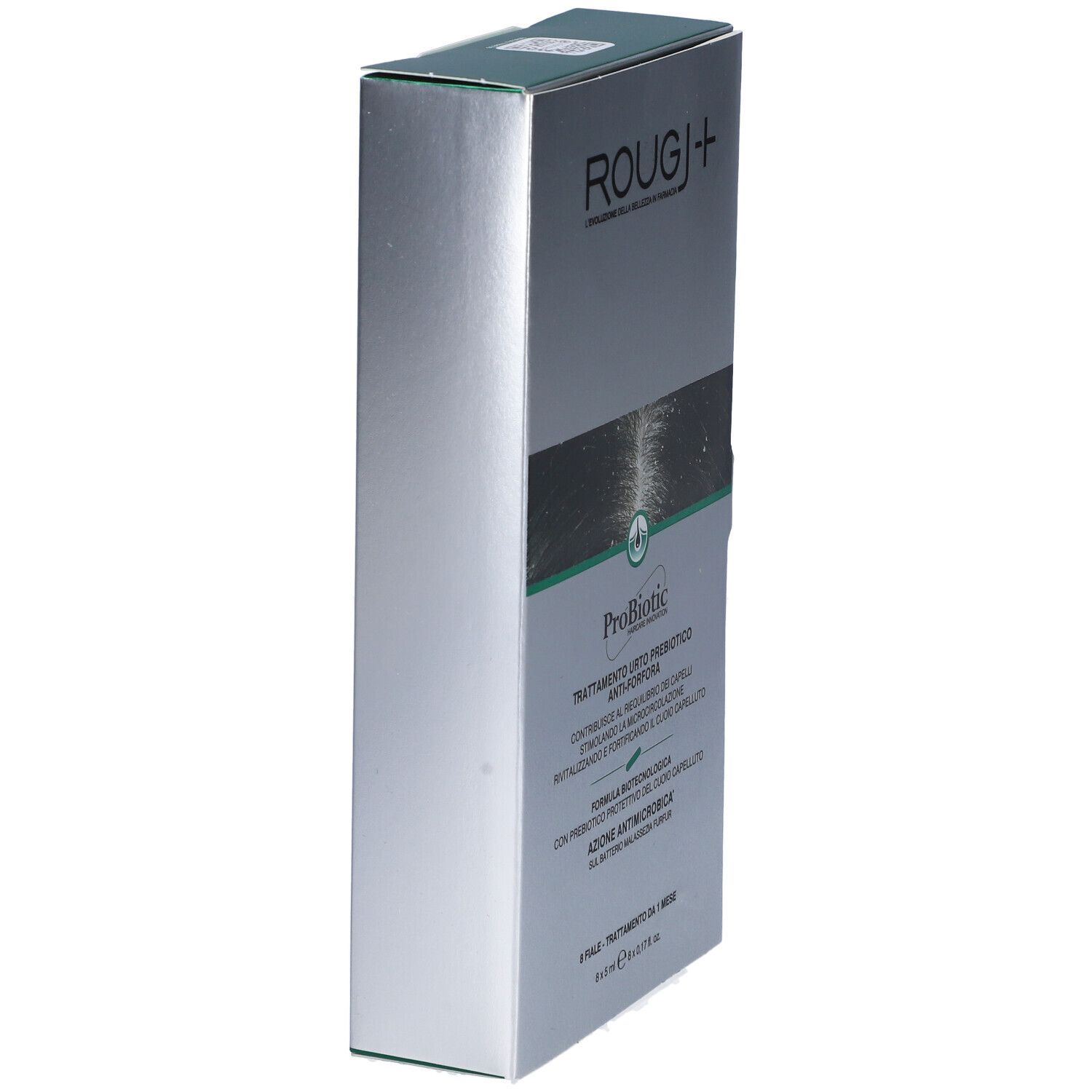 Scatola Rougj+ Fiale Anti-forfora, argentata. Testo: ProBiotic, trattamento anti-forfora.