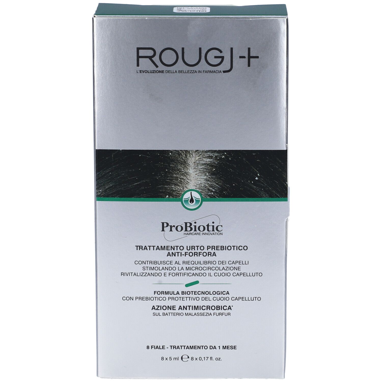 Scatola Rougj+ Fiale Anti-forfora. Testo: ProBiotic, trattamento anti-forfora. 8 fiale, 5ml.