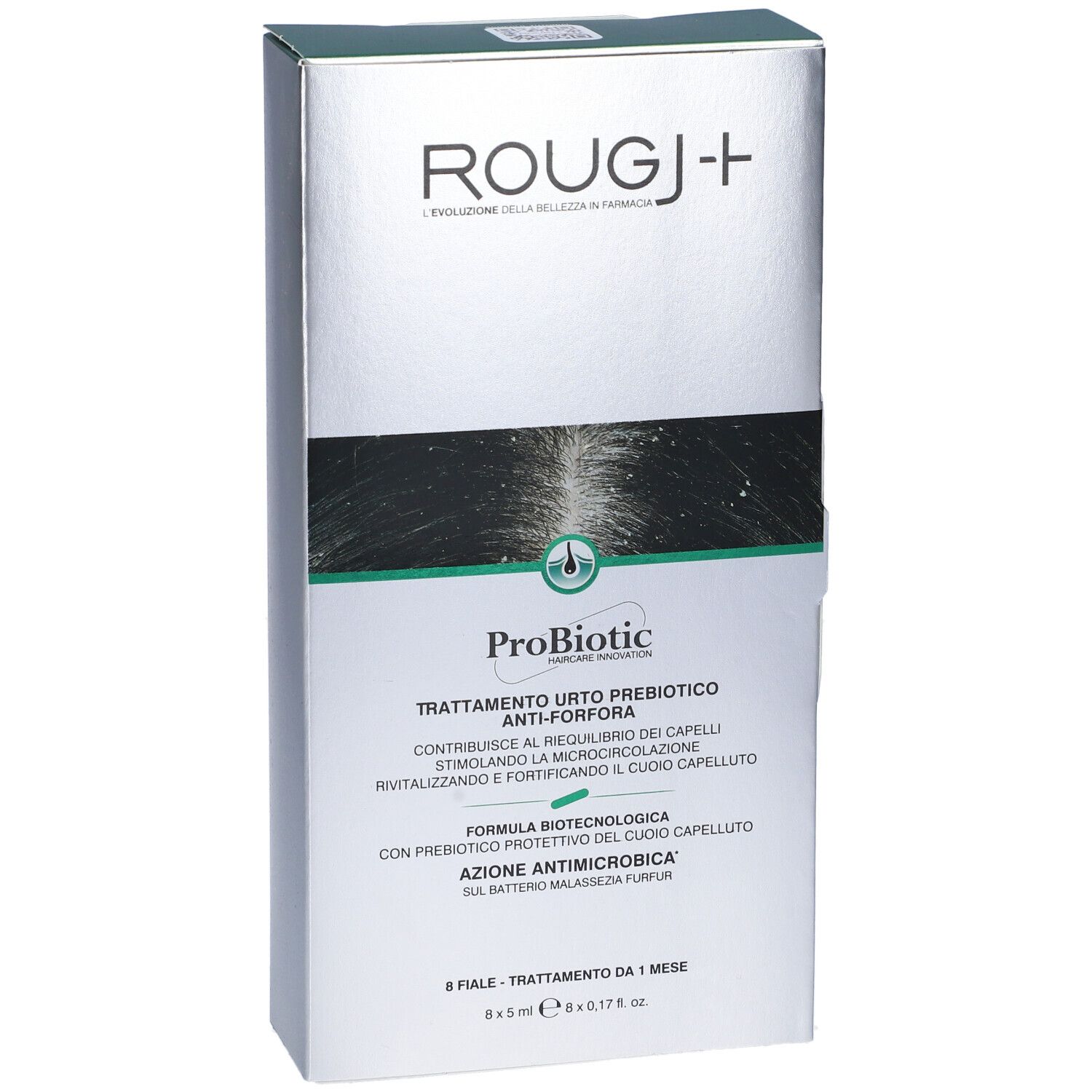 Scatola Rougj+ Fiale Anti-forfora. Testo: ProBiotic, trattamento anti-forfora. 8 fiale, 5ml.