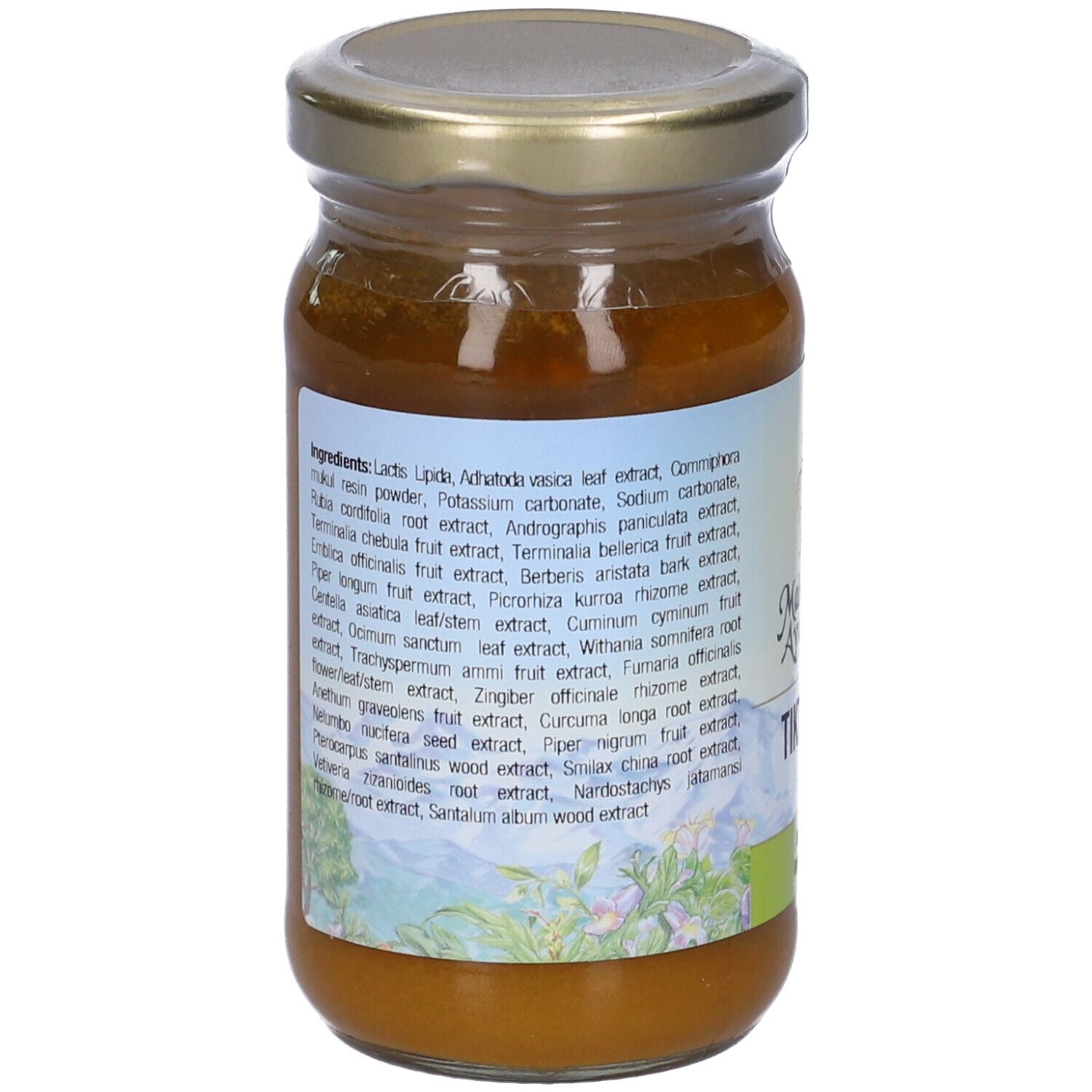 Vista posteriore del vasetto di vetro. Etichetta con elenco ingredienti. Coperchio dorato.