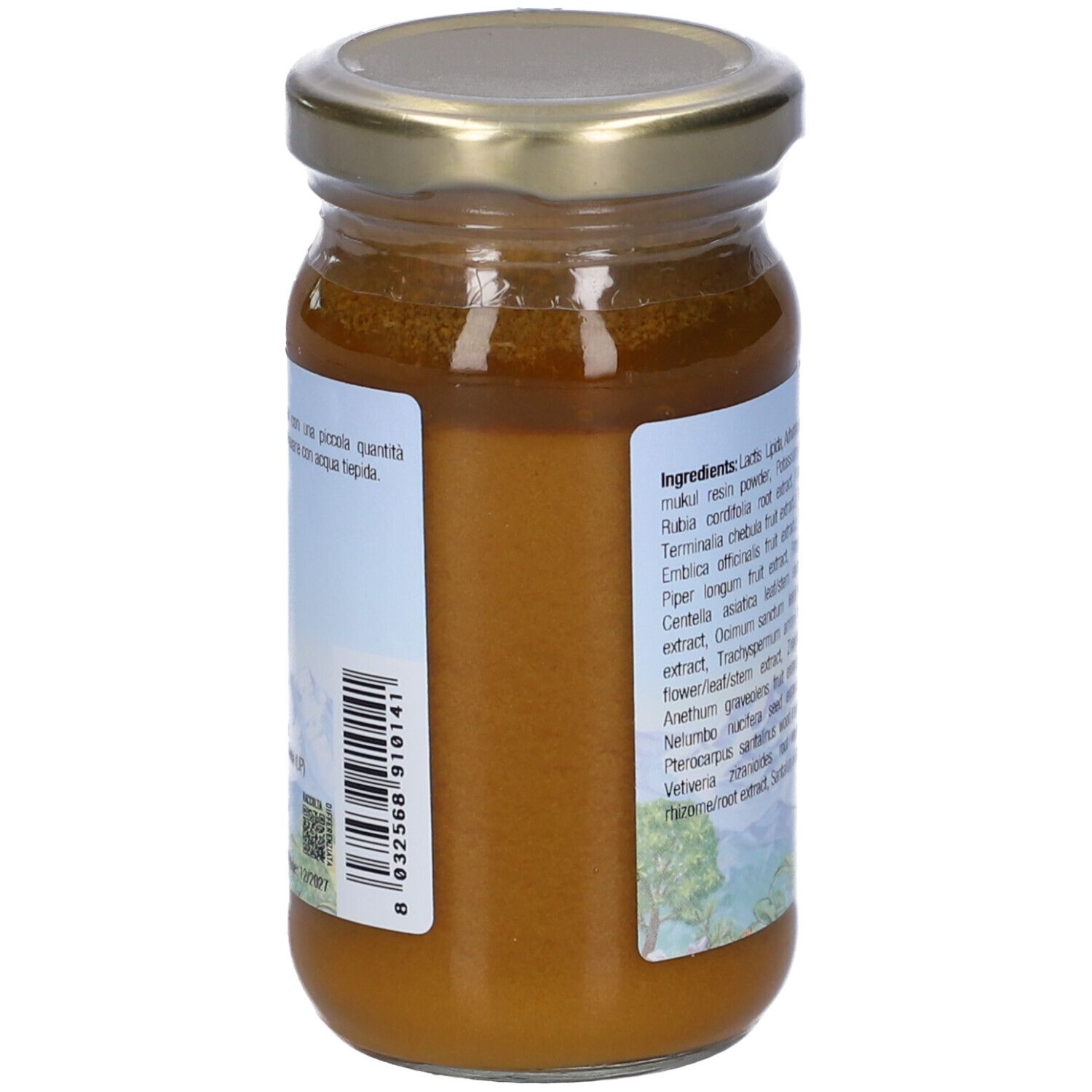 Vista posteriore del vasetto di vetro. Etichetta con codice a barre e ingredienti. Coperchio dorato.