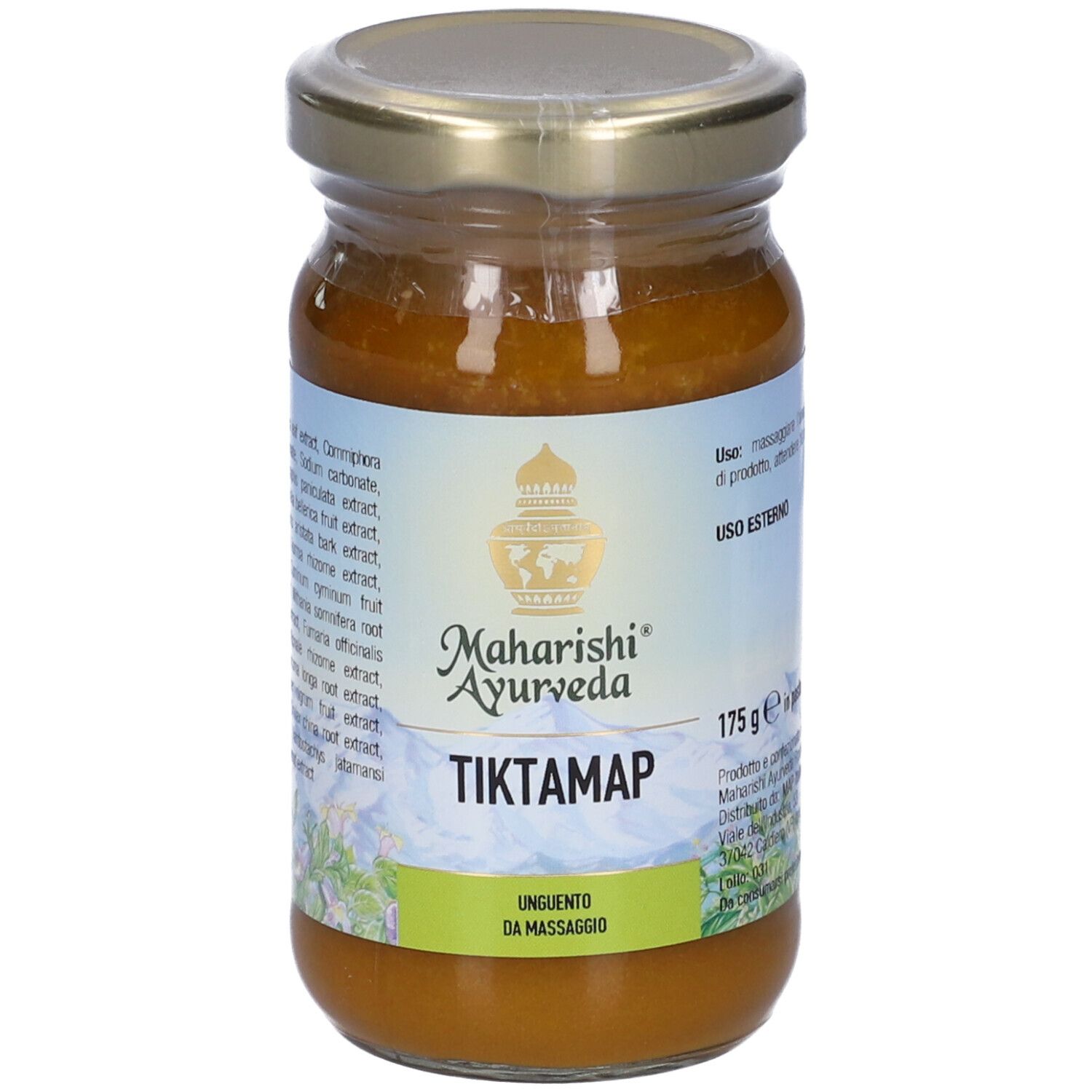 Vasetto di vetro con coperchio dorato. Etichetta con nome prodotto Tiktamap e logo. 175 g.