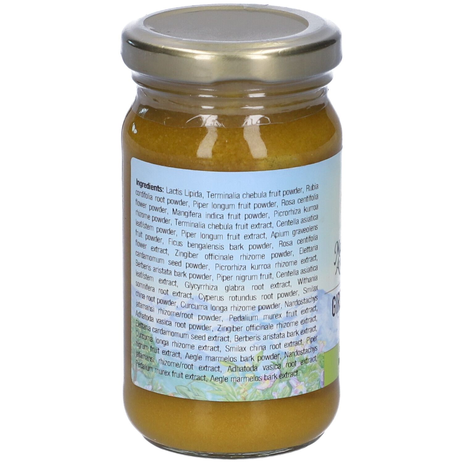 Vasetto con contenuto giallo. Etichetta con elenco ingredienti.