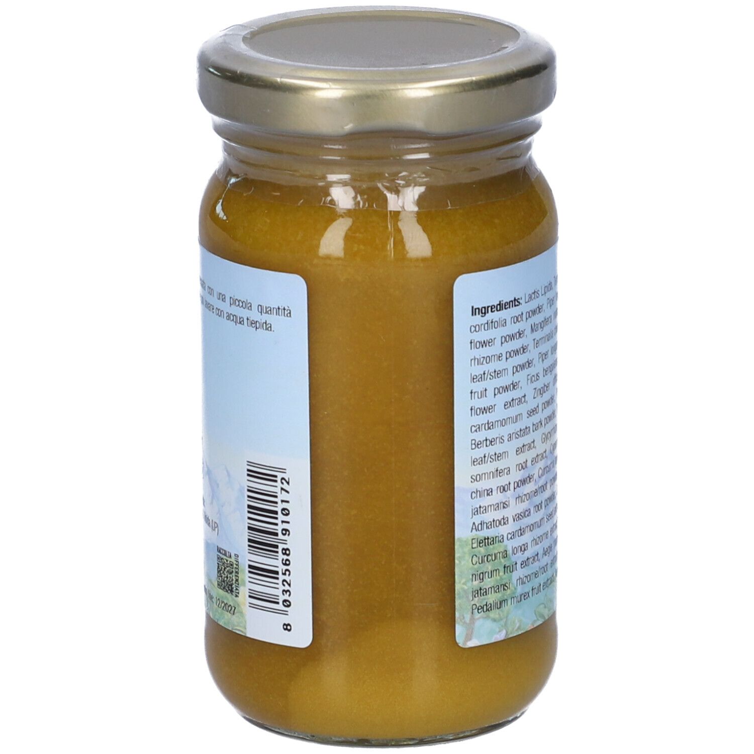 Vasetto con contenuto giallo. Etichetta con codice a barre ed elenco ingredienti.