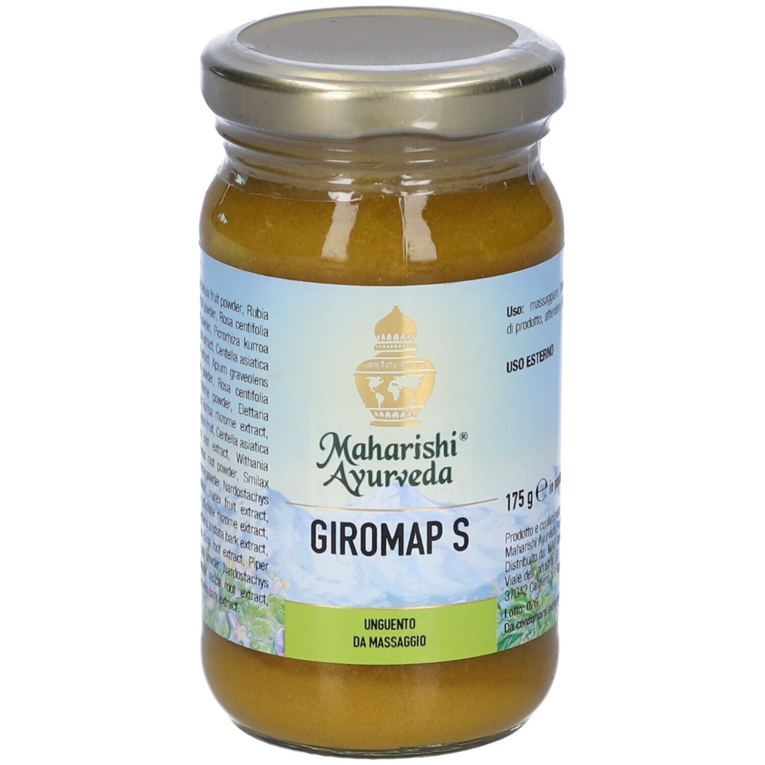 Vasetto con contenuto giallo. Etichetta con nome prodotto Giromap S, marchio Maharishi Ayurveda e 175 g.