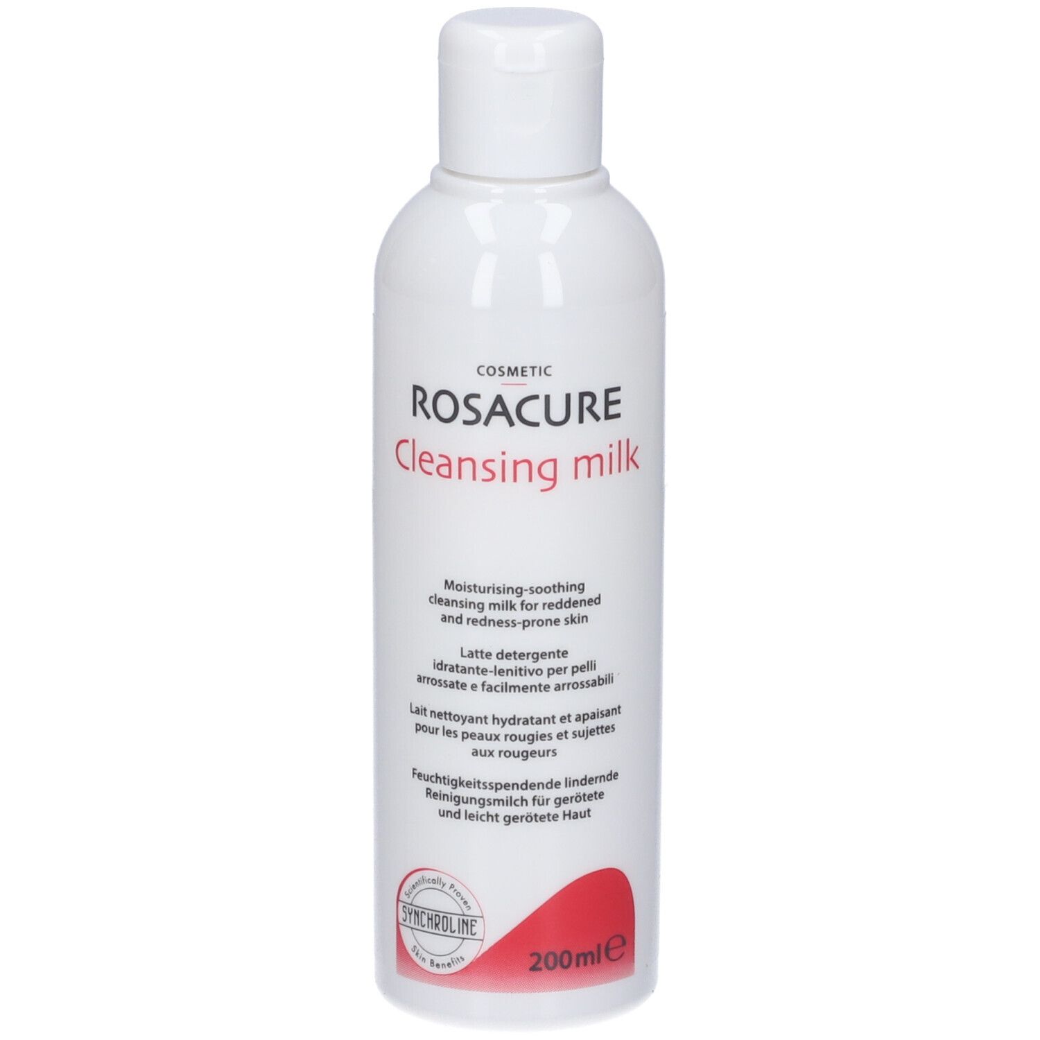 Flacone bianco con Rosacure Cleansing Milk. Testo multilingue. 200 ml.