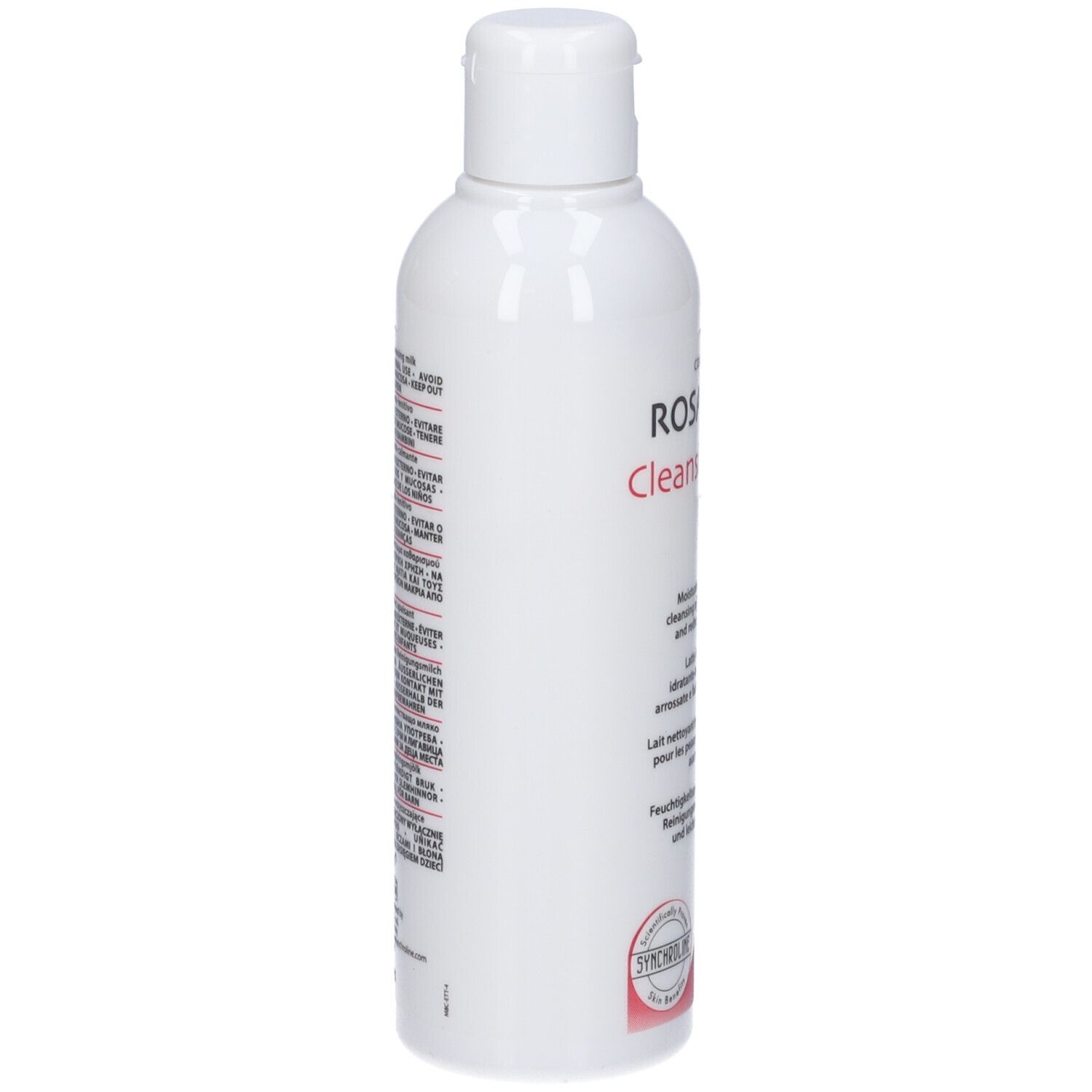 Flacone bianco con testo. Informazioni prodotto multilingue sul retro.