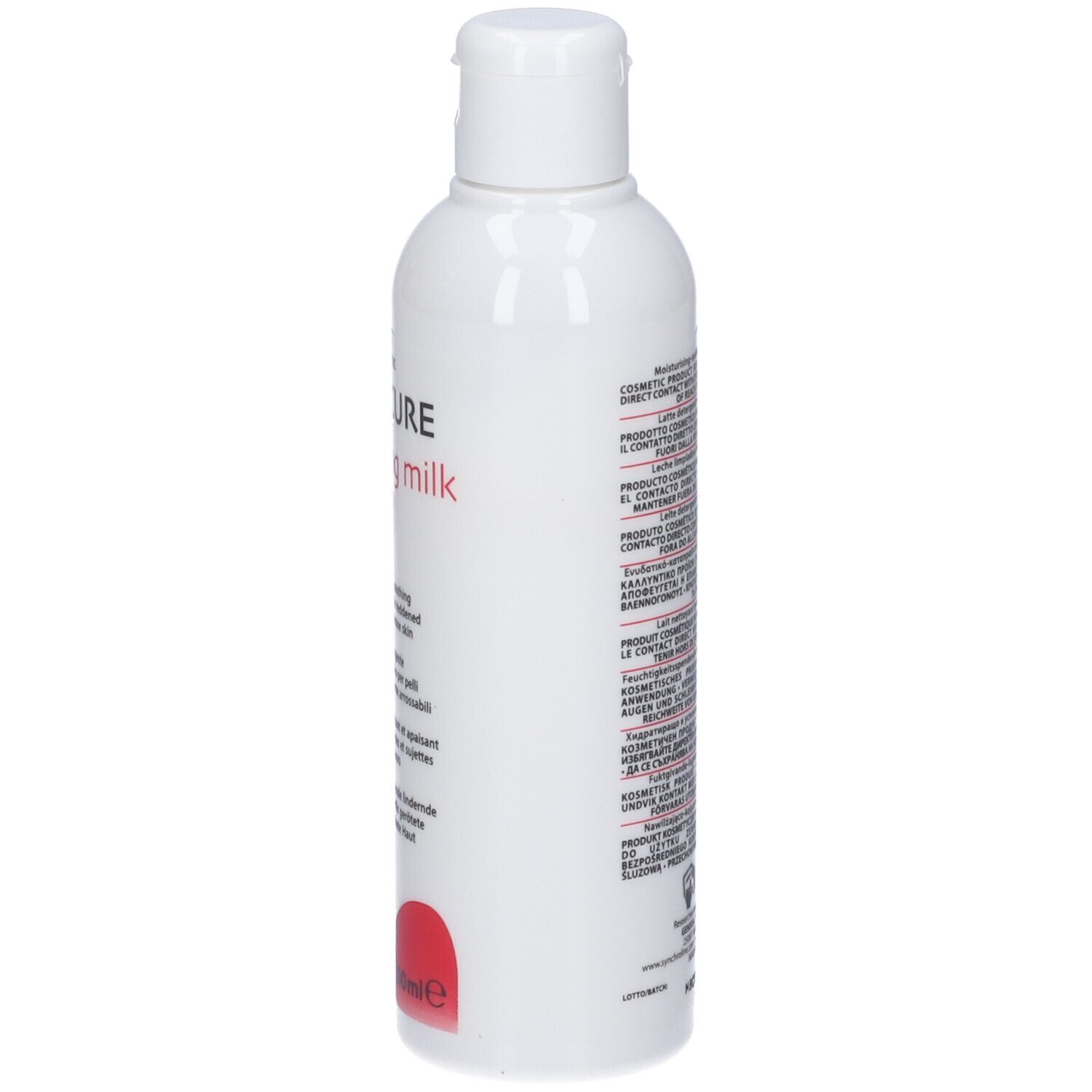 Flacone bianco con testo. Informazioni prodotto multilingue sul retro.