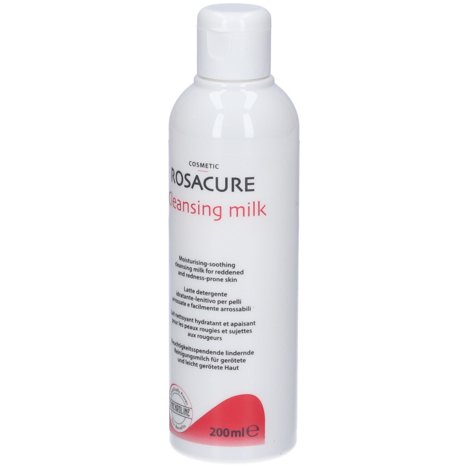 Flacone bianco con Rosacure Cleansing Milk. Testo multilingue. 200 ml.