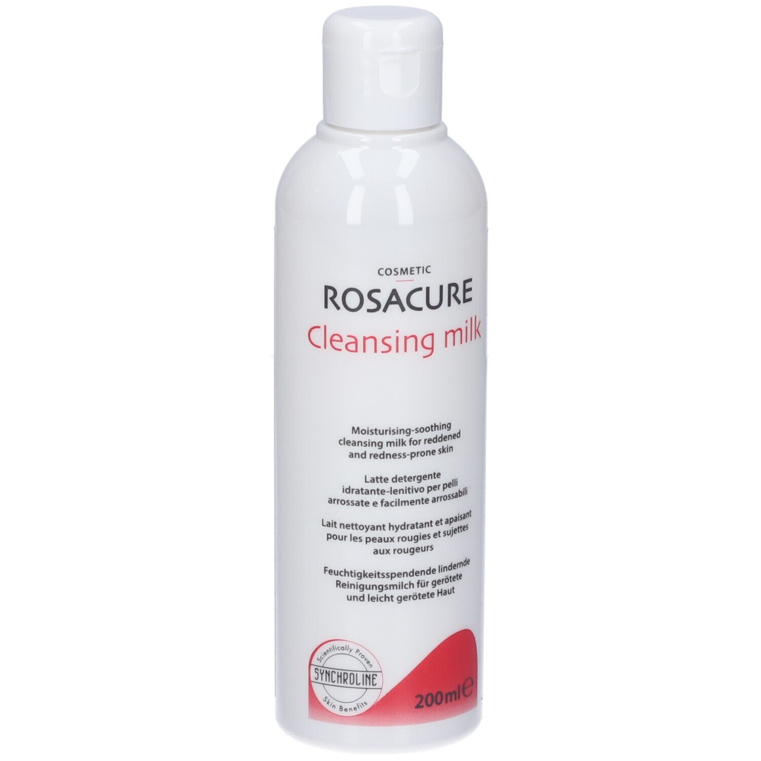 Flacone bianco con Rosacure Cleansing Milk. Testo multilingue. 200 ml.