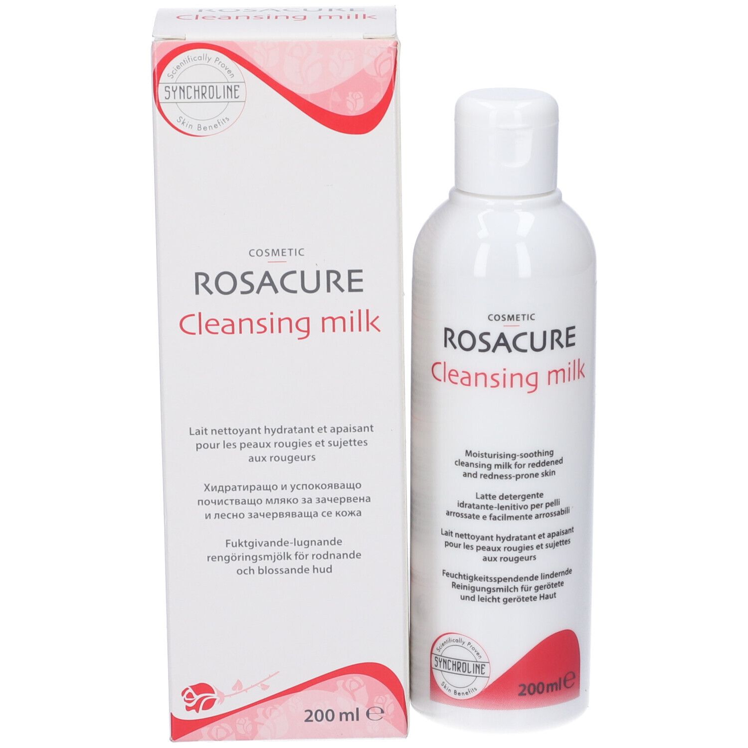 Flacone e scatola bianchi con Rosacure Cleansing Milk. Testo multilingue. 200 ml.