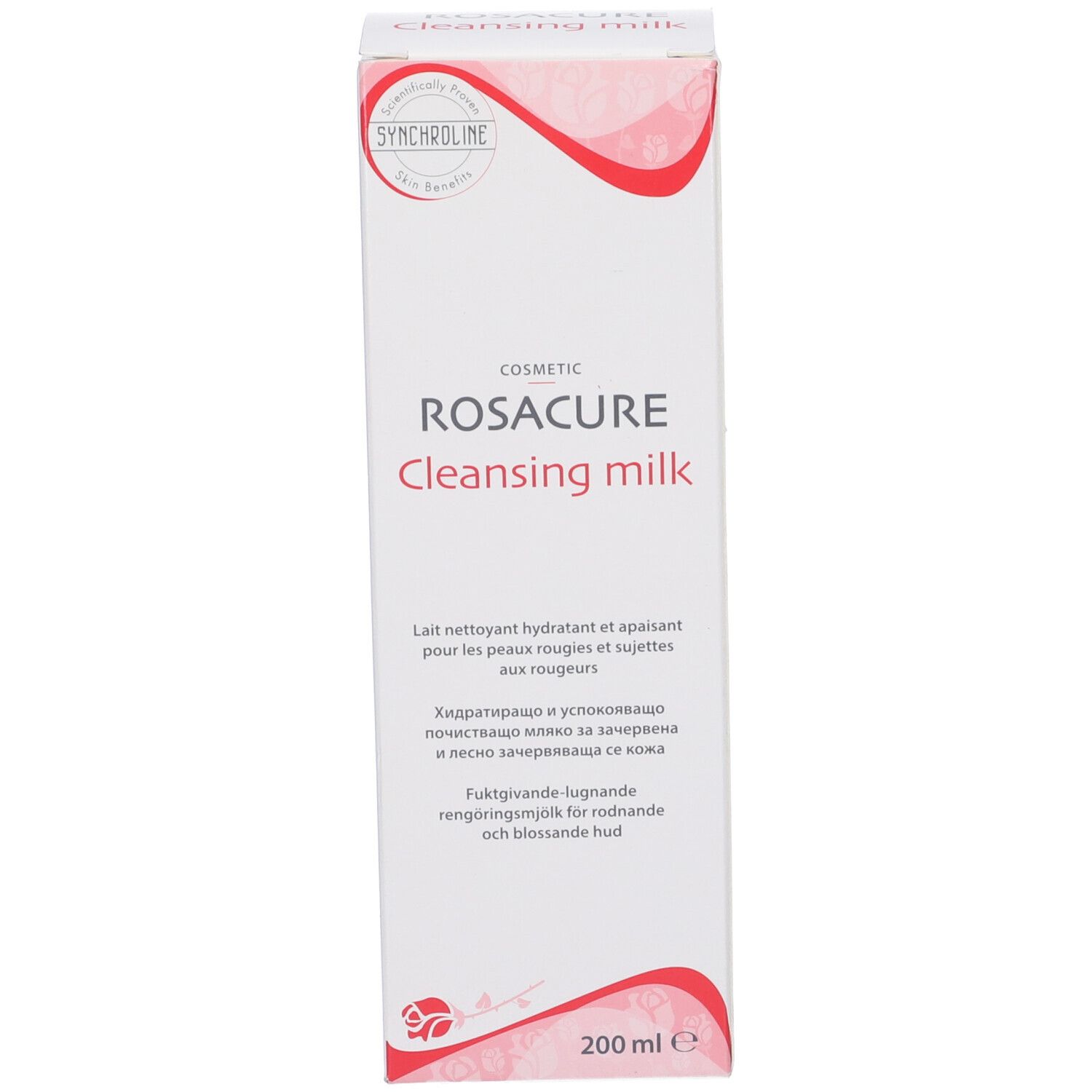 Scatola con Rosacure Cleansing Milk. Testo multilingue. 200 ml.